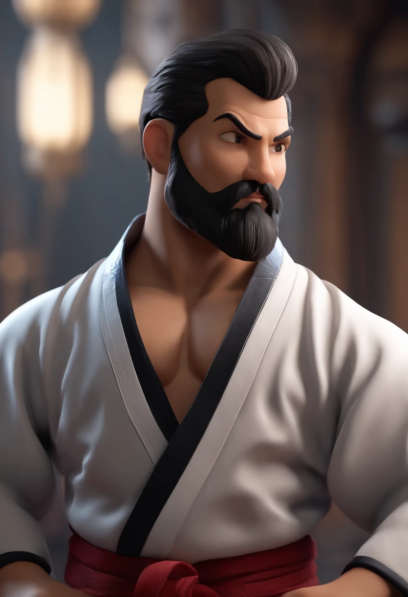 personagem dos desenhos animados de um homem com cabelo preto e barba branca, alto, magro, vestido com kimono branco de jiu-jitsu, faixa preta, Japanese-style dojo environment, fundo de cores vermelho, branco, cinza, animation character, Caractere estilizado, animation style rendering, 3D estilizado, Arnold Maya render, 3 d render stylized, toon render keyshot, Personagem 3D, Personagem 3D, 3d rendering stylized, 3 d character render, personagem de desenho animado, Personagem de close up, Pose de personagem,  (Estilo Pixar) (master part:1.2) (Bokeh) (best quality) (pele detalhada) (textura detalhada) (8k) (argila) (Cinematic lighting) (foco nítido