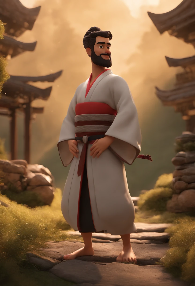 personagem dos desenhos animados de um homem com cabelo preto e barba branca, alto, magro, vestido com kimono branco de jiu-jitsu, faixa preta, Japanese-style dojo environment, fundo de cores vermelho, branco, cinza, animation character, Caractere estilizado, animation style rendering, 3D estilizado, Arnold Maya render, 3 d render stylized, toon render keyshot, Personagem 3D, Personagem 3D, 3d rendering stylized, 3 d character render, personagem de desenho animado, Personagem de close up, Pose de personagem, (Estilo Pixar) (master part:1.2) (Bokeh) (best quality) (pele detalhada) (textura detalhada) (8k) (argila) (Cinematic lighting) (foco nítido