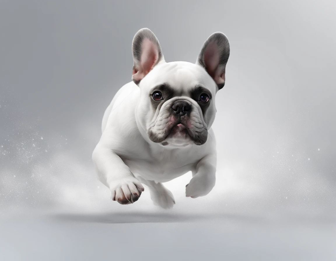 Draw a French bulldog breed dog white color and some dark spots chasing a bird, estilo dos desenhos animados da disney, Modelo 3D, vivid colors, fundo branco