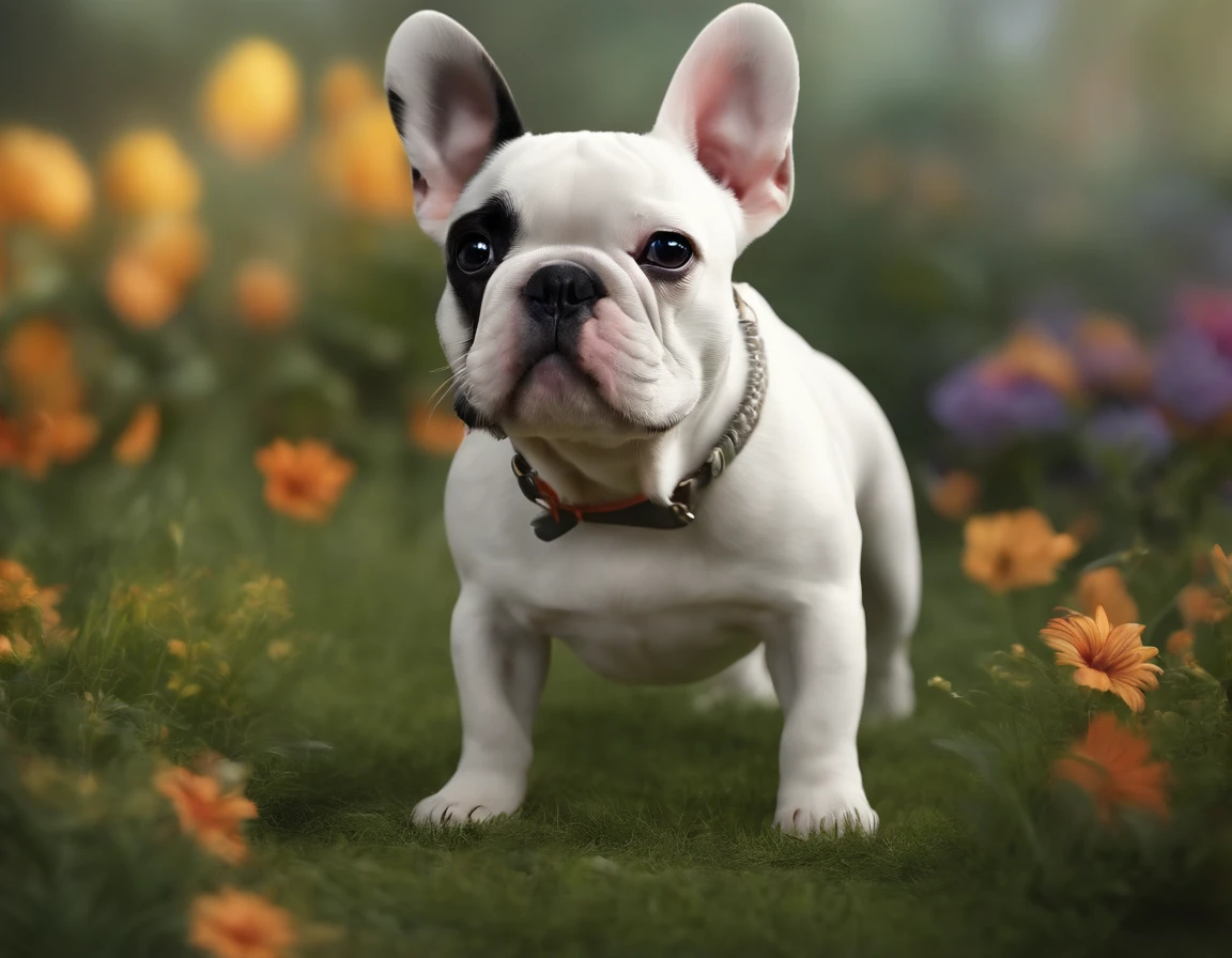 Draw a French bulldog breed dog white color and some dark spots chasing a bird, estilo dos desenhos animados da disney, Modelo 3D, vivid colors, fundo branco