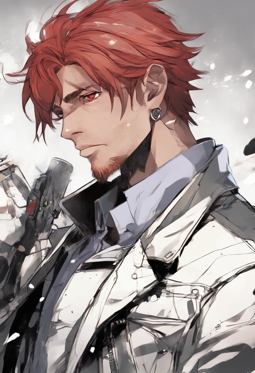 (best quality, highres, realistic:1.37), red-haired man, beard, detailed eyes, detailed lips, leather jacket, silver chain, anime style, patch over left eye