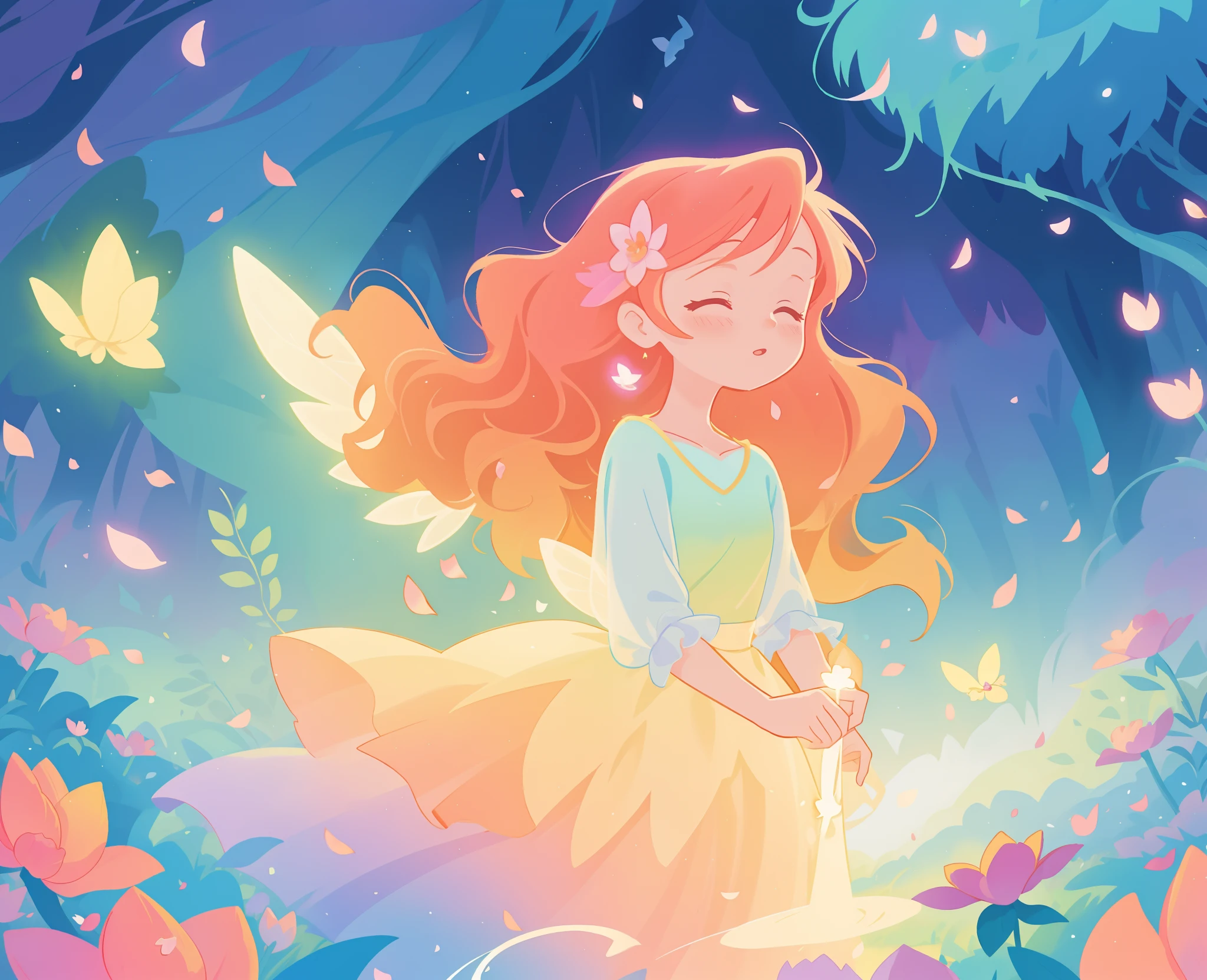 beautiful girl in tiered gradient ballgown dress, gradient warm color ballgown, ((layered flower petal skirt)), fairy dress, fairy queen, magical forest background, (glowing fairy wings), glowing flowing ballgown, long wavy hair, sparkling fairy wings, watercolor illustration, flowers and colorful plants, inspired by Glen Keane, inspired by Lois van Baarle, disney art style, by Lois van Baarle, glowing aura around her, by Glen Keane, jen bartel, glowing lights! digital painting, flowing glowing hair, glowing flowing hair, beautiful digital illustration, fantasia otherworldly landscape plants flowers, beautiful, masterpiece, best quality, anime disney style