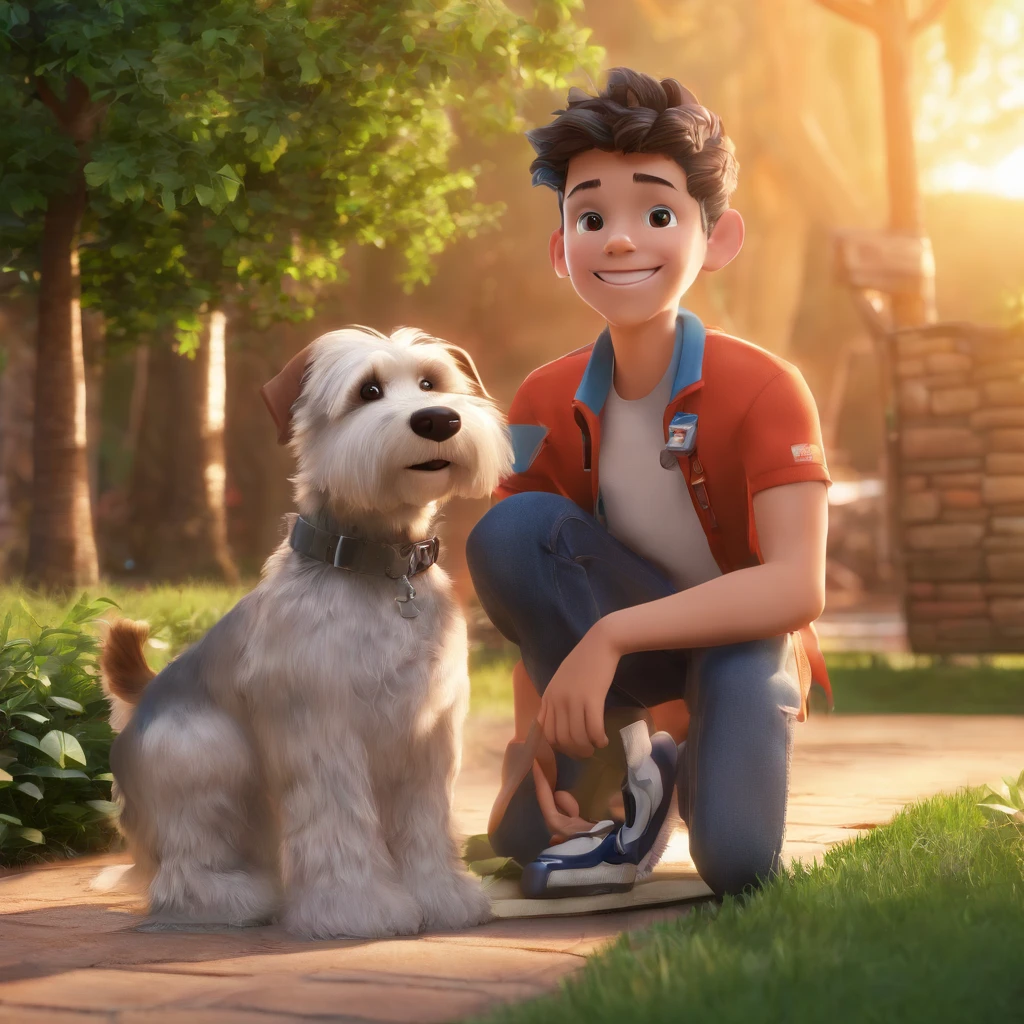 Lucas is a smiling -yeld hu boy, com seu fiel amigo, Bolt, o cachorro schnauzer, deitados no jardim