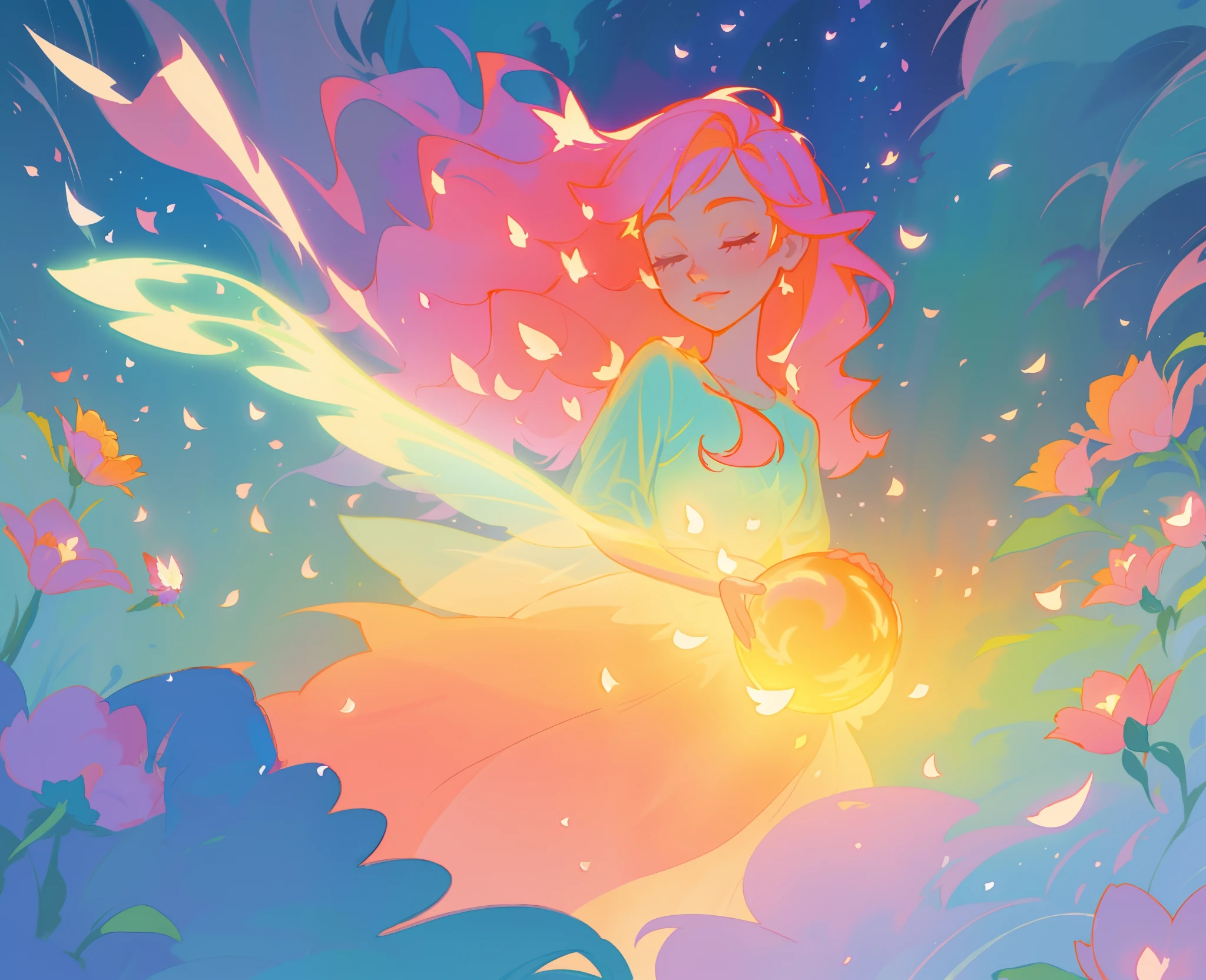 beautiful girl in tiered gradient ballgown dress, gradient warm color ballgown, ((layered flower petal skirt)), fairy dress, fairy queen, magical forest background, (glowing fairy wings), glowing flowing ballgown, long wavy hair, sparkling fairy wings, watercolor illustration, flowers and colorful plants, inspired by Glen Keane, inspired by Lois van Baarle, disney art style, by Lois van Baarle, glowing aura around her, by Glen Keane, jen bartel, glowing lights! digital painting, flowing glowing hair, glowing flowing hair, beautiful digital illustration, fantasia otherworldly landscape plants flowers, beautiful, masterpiece, best quality, anime disney style