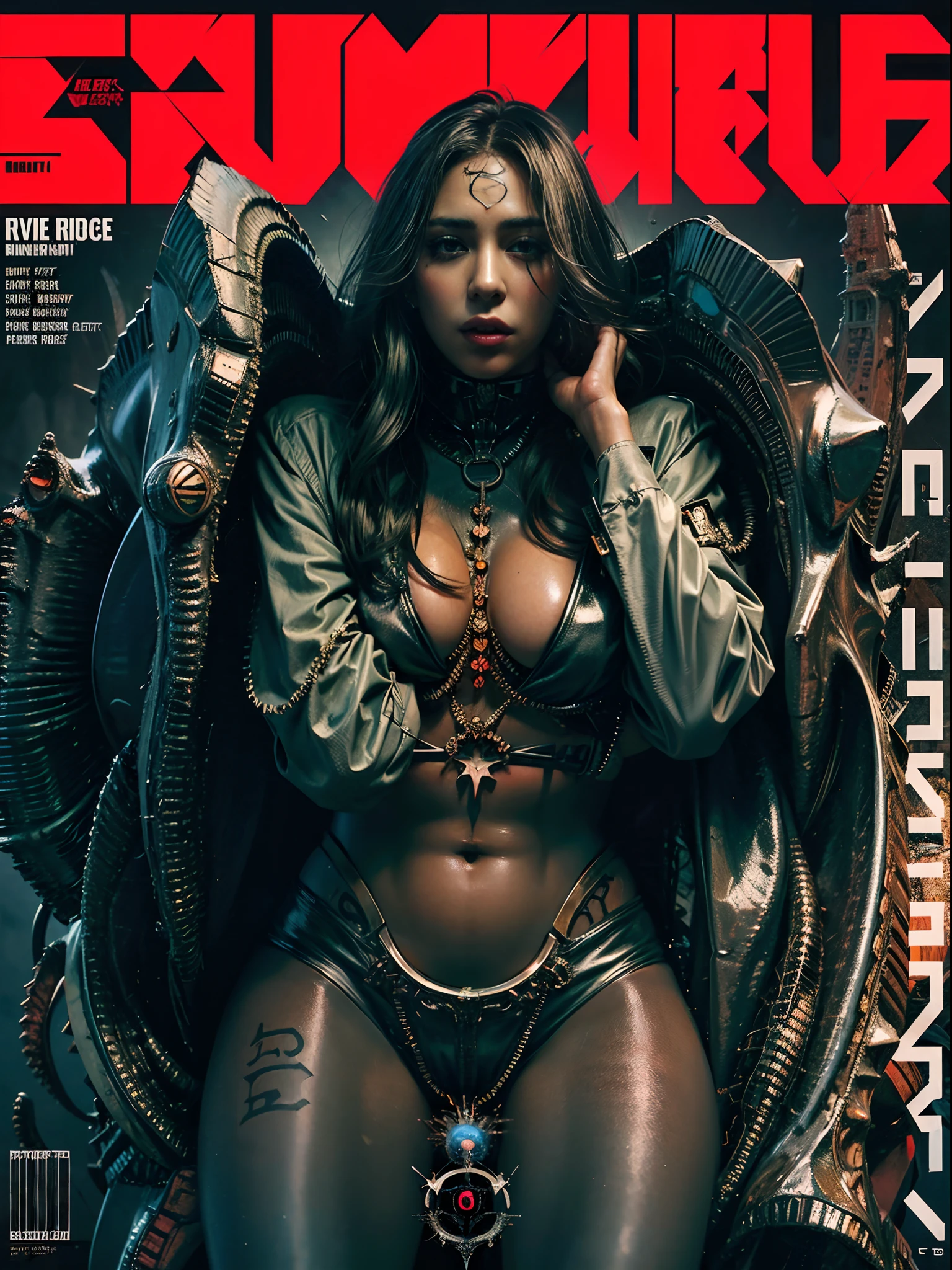 Rated R, nsfw, sexy female cyborg, magazine cover, poster art , Lovecraftian horror tattoos, tattoos, hint of vibrant, bold huge text, matted design layout.