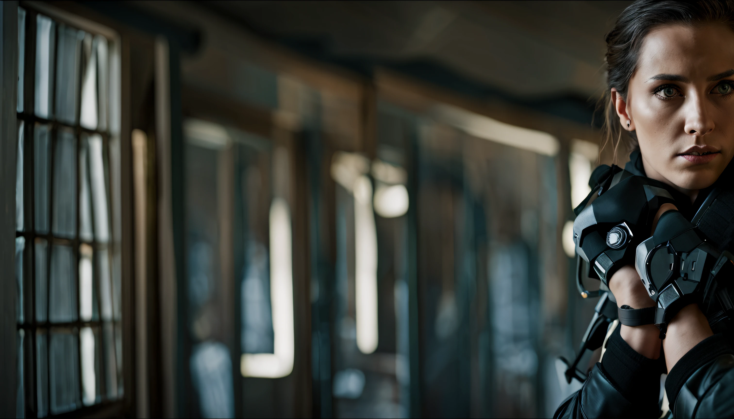 /imagine prompt: realistic, personality: [Show Sarah, a tough ex-military combatant, standing near the window of a dilapidated building. Her expression is stoic and determined, revealing the strength and resilience she possesses. Set the scene to convey her battle-hardened demeanor and unwavering resolve.]unreal engine, hyper real --q 2 --v 5.2 --ar 16:9