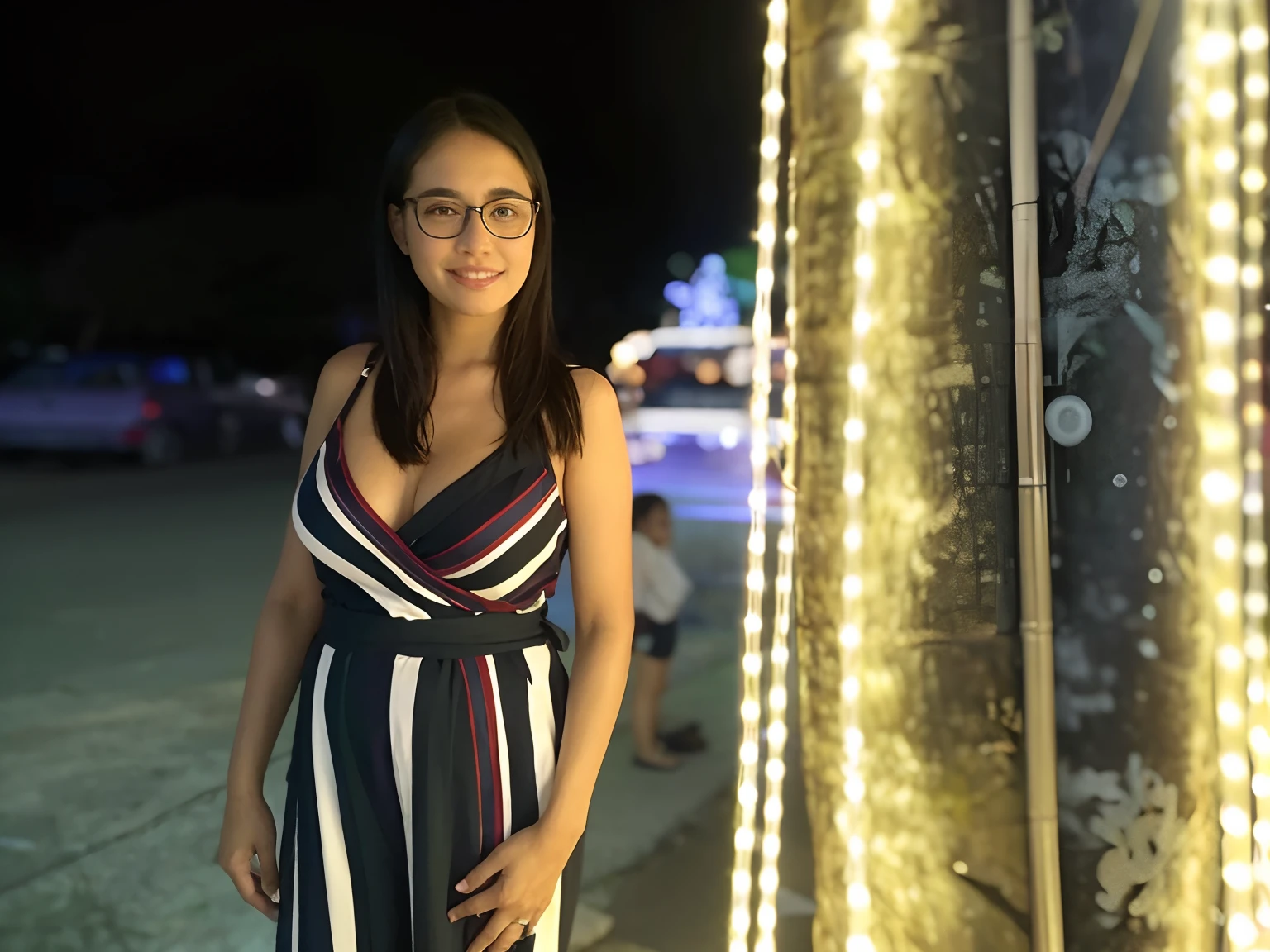 Woman in striped dress standing in front of a tree at night, photo taken at night, bokeh apenas em segundo plano, with glowing lights at night, at night time, Mulher de 30 anos, 3 0 anos de idade mulher, at night, durante a noite, standing near the beach, full body photogenic shot, taken in the night, with a tree in the background