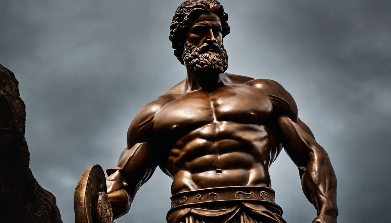 Hercules-style Greek stoic statue with highlighted muscles dark background, pegando fogo