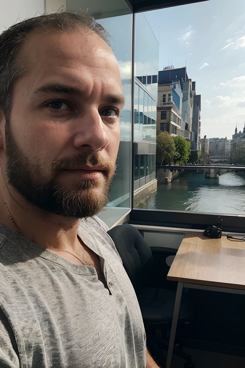 Middle-aged white man with little hair and beard who owns a large technology company focused on digital signage in large office overlooking the Seine River.