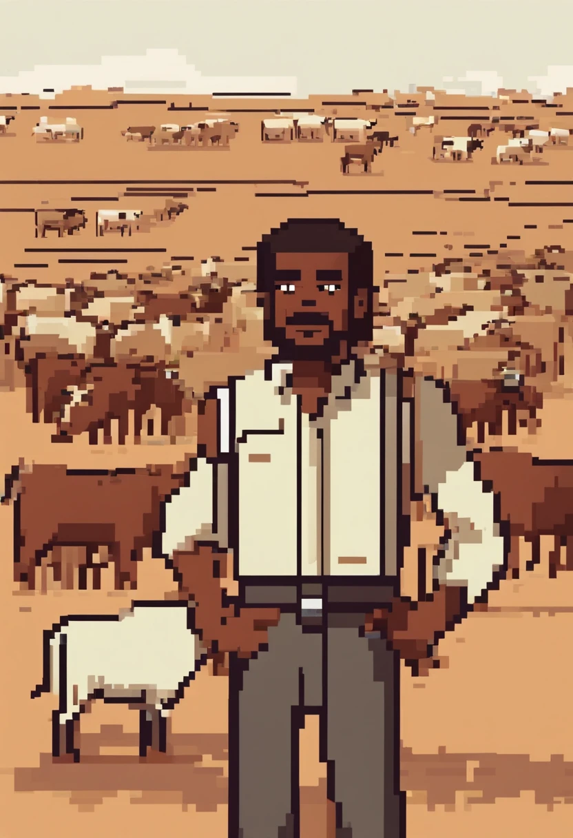 Brown-skinned man with a slight smile, with a cattle herd in the background