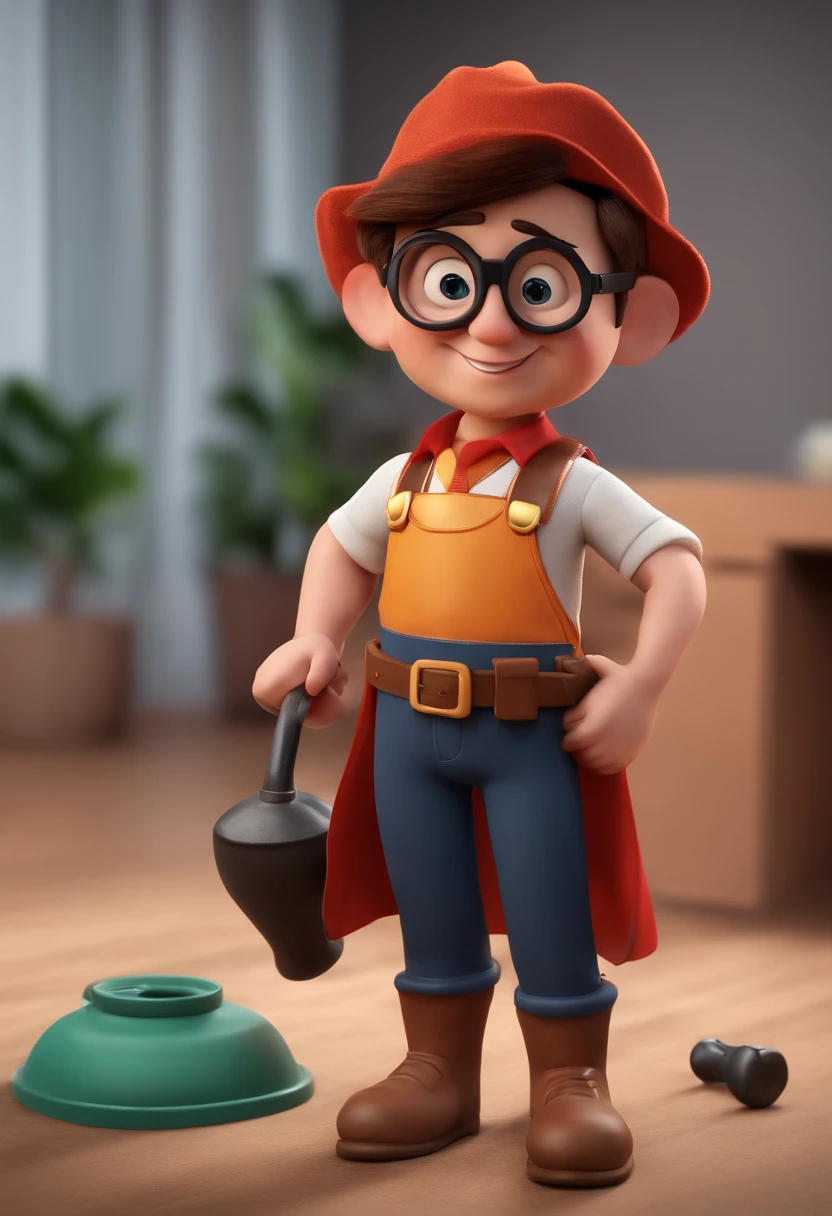 personagem dos desenhos animados de um homem com camisa vermelha, black pant, Black glasses holding a sink plunger, animation character, Caractere estilizado, animation style rendering, 3D estilizado, Arnold Maya render, 3 d render stylized, toon render keyshot, Personagem 3D, Personagem 3D, 3d rendering stylized, 3 d character render, personagem de desenho animado, Personagem de close up, Pose de personagem, (Estilo Pixar) (master part:1.2) (Bokeh) (best quality) (pele detalhada) (textura detalhada) (8k) (argila) (Cinematic lighting) (foco nítido