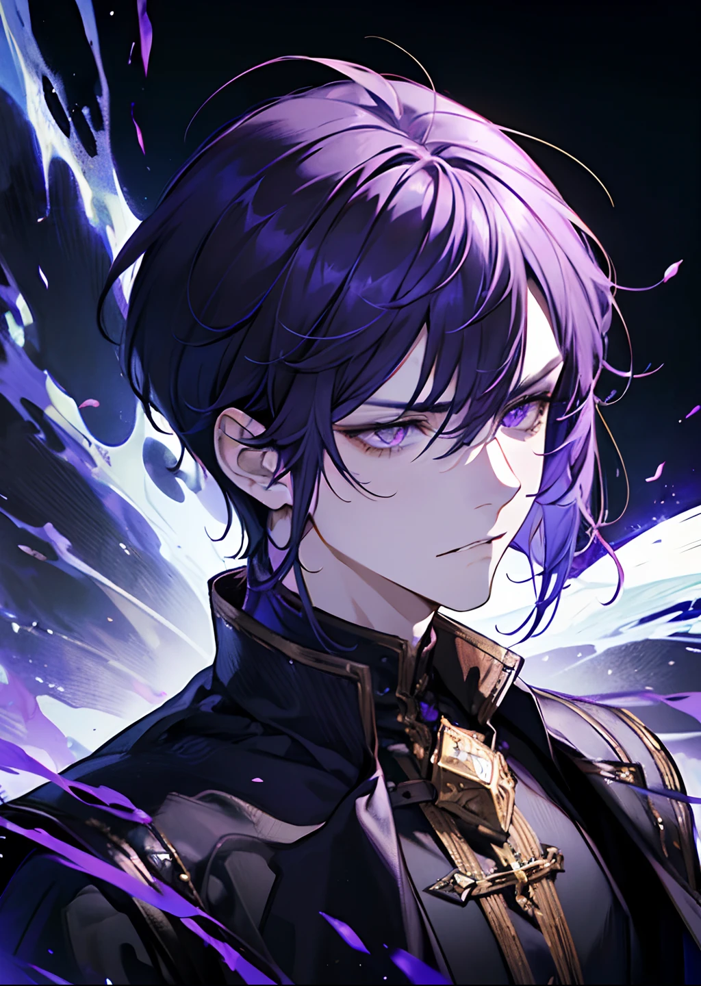 1male, dark sorcery, adult face, mature face, handsome, short purple hair, bangs, yellow eyes, angry, detailed eyes, medieval times, condescending, calm expression, no collar