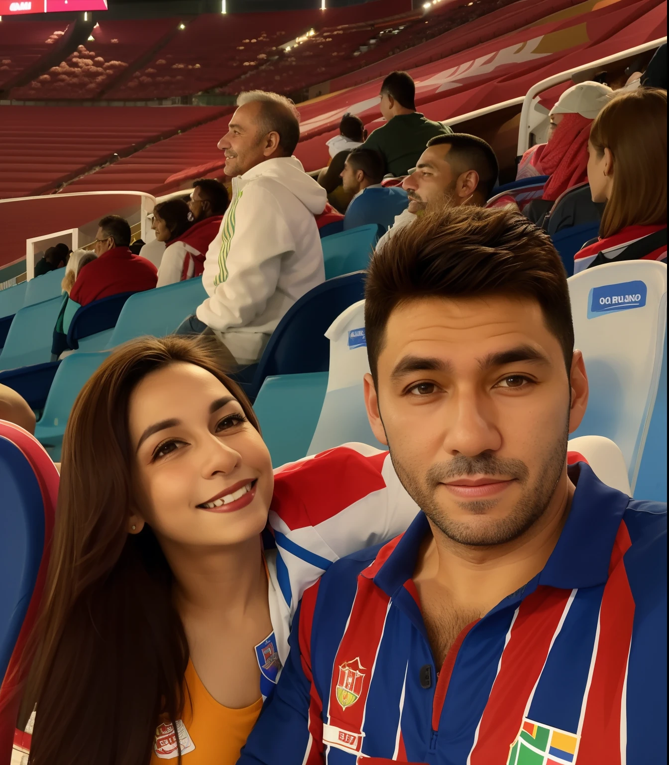 Araffes are sitting in a stadium with a man and a woman, 🇺🇦, In Sao Paulo, 🔞🤡, vestindo uma capa de barca, na copa do mundo, 🌻🎹🎼, inspirado em Oswaldo Viteri, Postagem 4k, 4 k post, sem estipe, Directed by: Herbert MacNair, fotografia, imagem de perfil