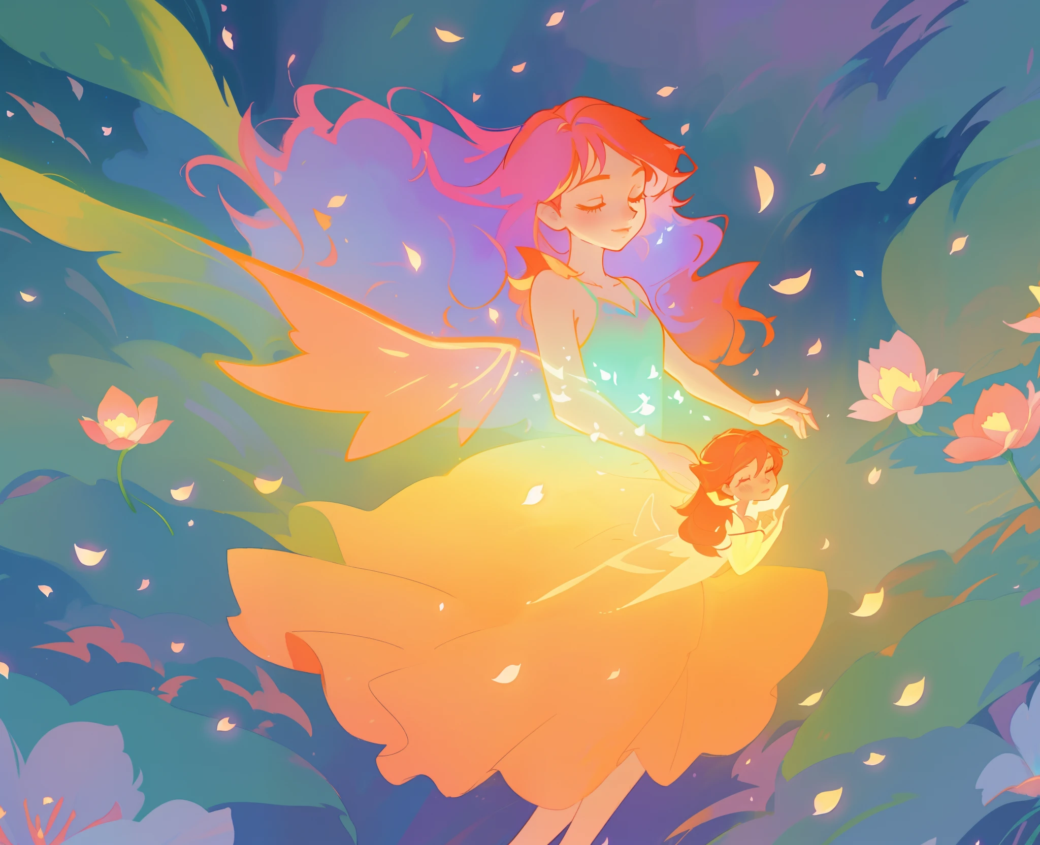 beautiful girl in tiered gradient ballgown dress, gradient warm color ballgown, ((layered flower petal skirt)), fairy dress, fairy queen, magical forest background, (glowing fairy wings), glowing flowing ballgown, long wavy hair, sparkling fairy wings, watercolor illustration, flowers and colorful plants, inspired by Glen Keane, inspired by Lois van Baarle, disney art style, by Lois van Baarle, glowing aura around her, by Glen Keane, jen bartel, glowing lights! digital painting, flowing glowing hair, glowing flowing hair, beautiful digital illustration, fantasia otherworldly landscape plants flowers, beautiful, masterpiece, best quality, anime disney style