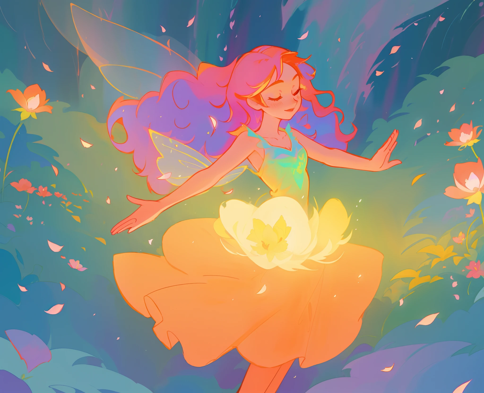 beautiful girl in tiered gradient ballgown dress, gradient warm color ballgown, ((layered flower petal skirt)), fairy dress, fairy queen, magical forest background, (glowing fairy wings), glowing flowing ballgown, long wavy hair, sparkling fairy wings, watercolor illustration, flowers and colorful plants, inspired by Glen Keane, inspired by Lois van Baarle, disney art style, by Lois van Baarle, glowing aura around her, by Glen Keane, jen bartel, glowing lights! digital painting, flowing glowing hair, glowing flowing hair, beautiful digital illustration, fantasia otherworldly landscape plants flowers, beautiful, masterpiece, best quality, anime disney style