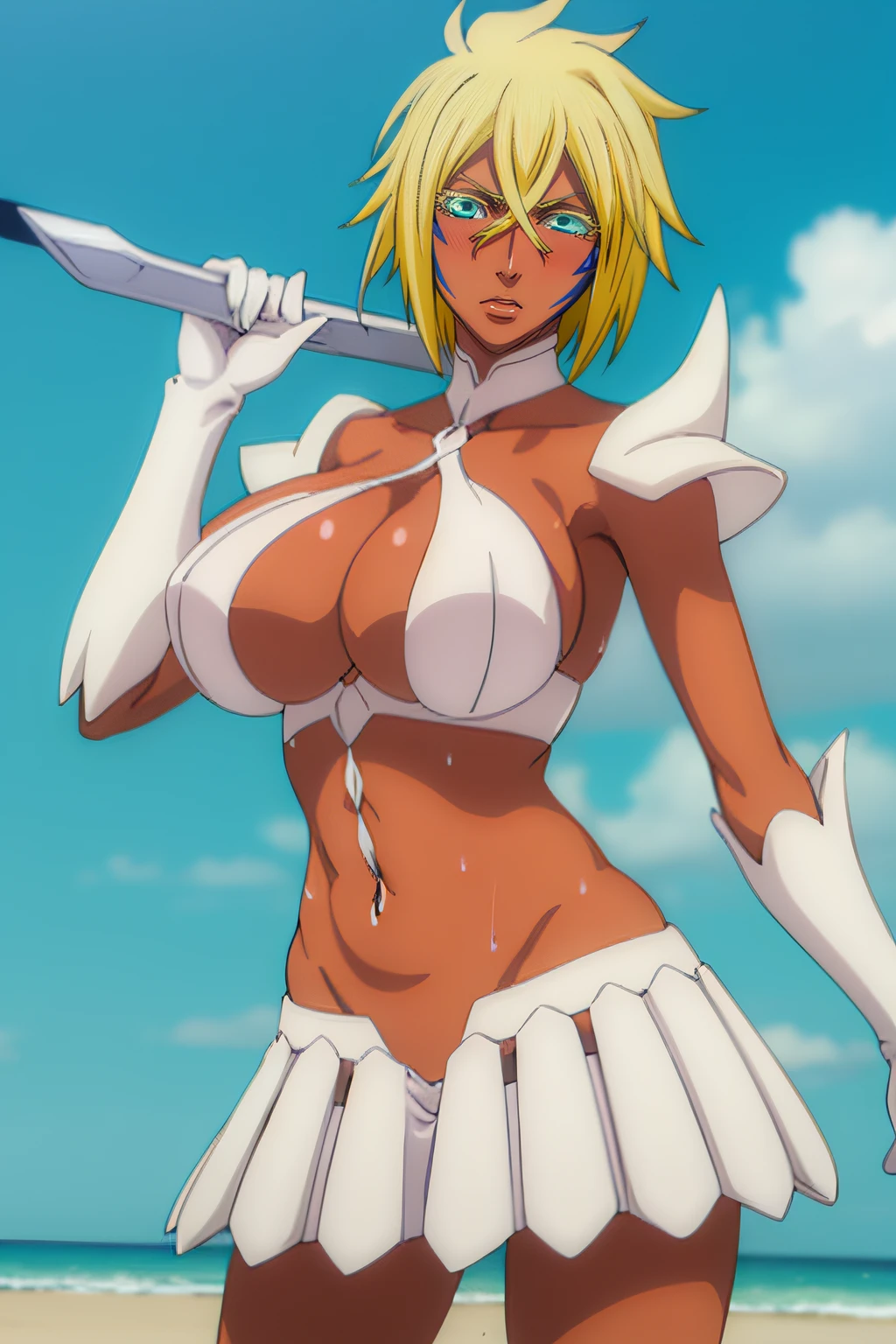 halibeltier, halibel tier, short hair, blonde hair, green eyes, dark skin, dark-skinned female, facial mark,
BREAK armor, pauldrons, skirt, cleavage, cleavage cutout, gloves, white gloves, midriff, navel, collarbone,
BREAK outdoors,
BREAK looking at viewer, (cowboy shot:1.5),
BREAK (masterpiece:1.2), best quality, high resolution, unity 8k wallpaper, (illustration:0.8), (beautiful detailed eyes:1.6), extremely detailed face, perfect lighting, extremely detailed CG, (perfect hands, perfect anatomy), large breasts, blush, wet body, beach, playing voleyball, exhaust, right leg up,