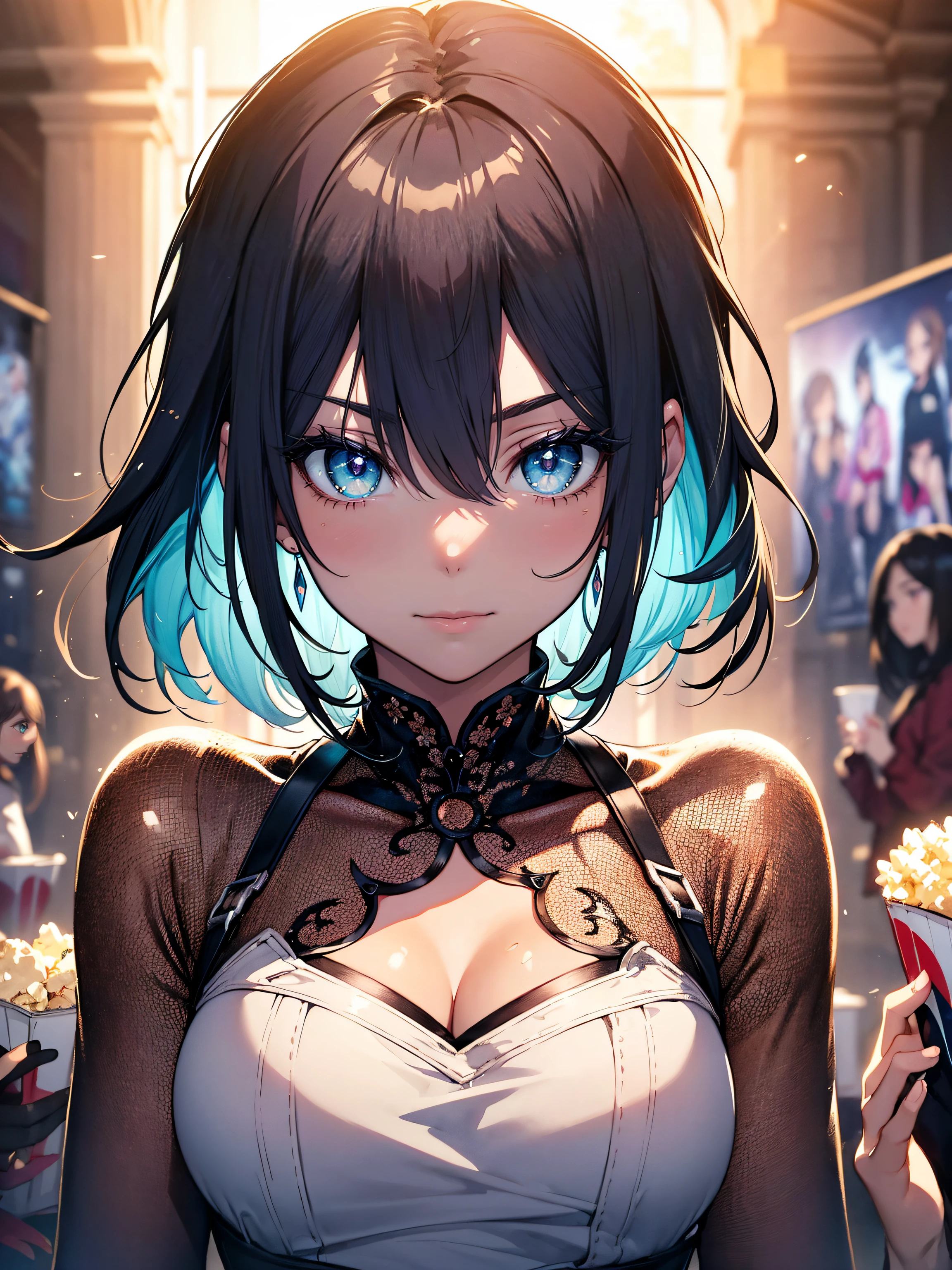 ((Fashion Show:1.3)),hiquality, hight resolution, ultra-detailliert, high-level image quality, hightquality, anime illustrated, (finely detailed beautiful eye: 1.2), Detailed eye depiction, (finely detailed eyes and detailed face:1.3), (extremely details CG, Best Shadow:1.1), Depth of field and blur, (Perfect Detail: 1.1) , digitial illustration, Enamel Art, Center, Watercolor painting, art stations, concept-art, character sheets, Lightning Wave, beautiful anime watercolors, Vibrant colors, Sharp Focus, art by:hyung tae kim, Fine detail, intricate detailes, Curvaceous body, Detailed eye depiction, Vibrant colors,Eat popcorn, Share a bite, Put it on your cheeks