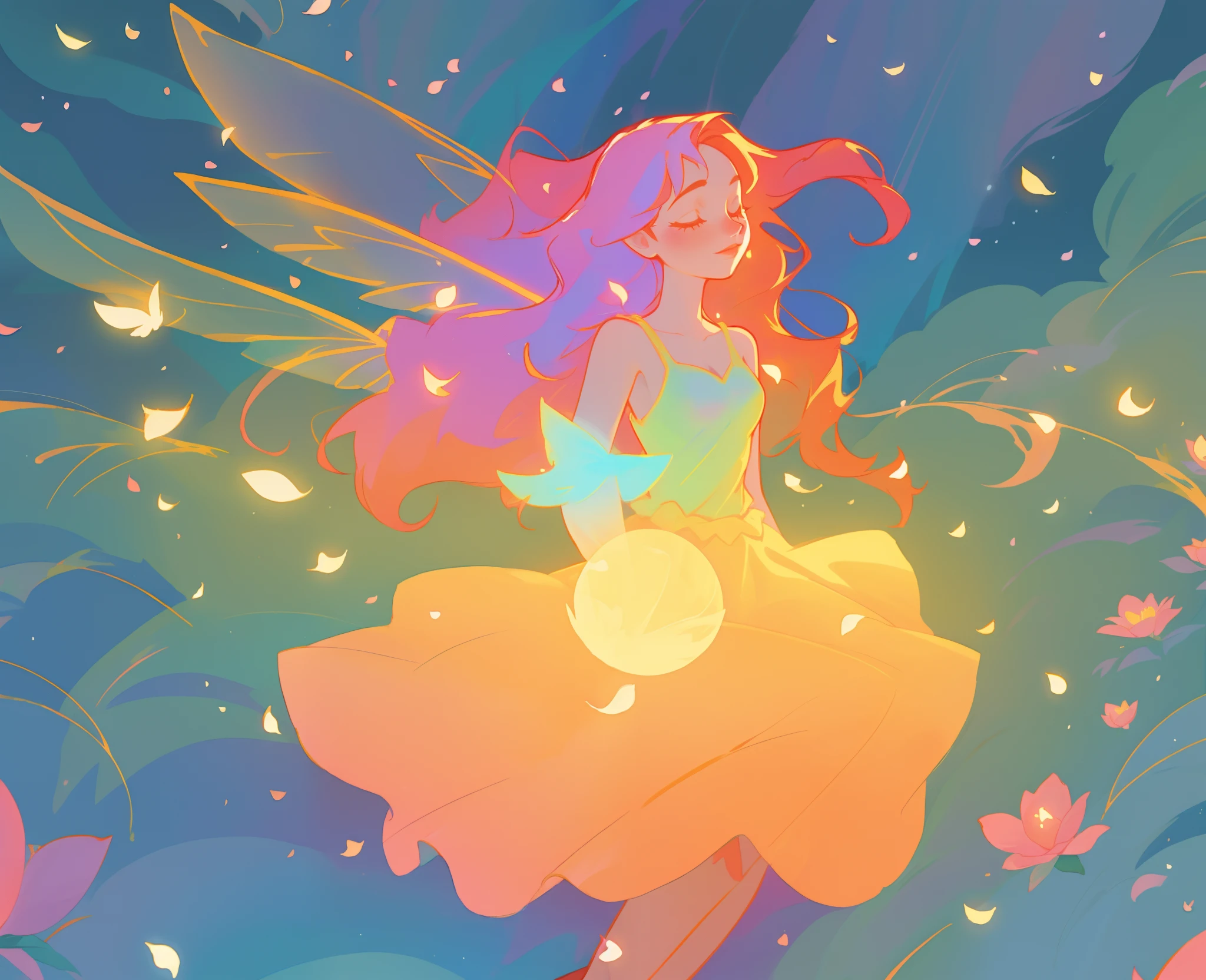 beautiful girl in tiered gradient ballgown dress, gradient warm color ballgown, ((layered flower petal skirt)), fairy dress, fairy queen, magical forest background, (glowing fairy wings), glowing flowing ballgown, long wavy hair, sparkling fairy wings, watercolor illustration, flowers and colorful plants, inspired by Glen Keane, inspired by Lois van Baarle, disney art style, by Lois van Baarle, glowing aura around her, by Glen Keane, jen bartel, glowing lights! digital painting, flowing glowing hair, glowing flowing hair, beautiful digital illustration, fantasia otherworldly landscape plants flowers, beautiful, masterpiece, best quality, anime disney style