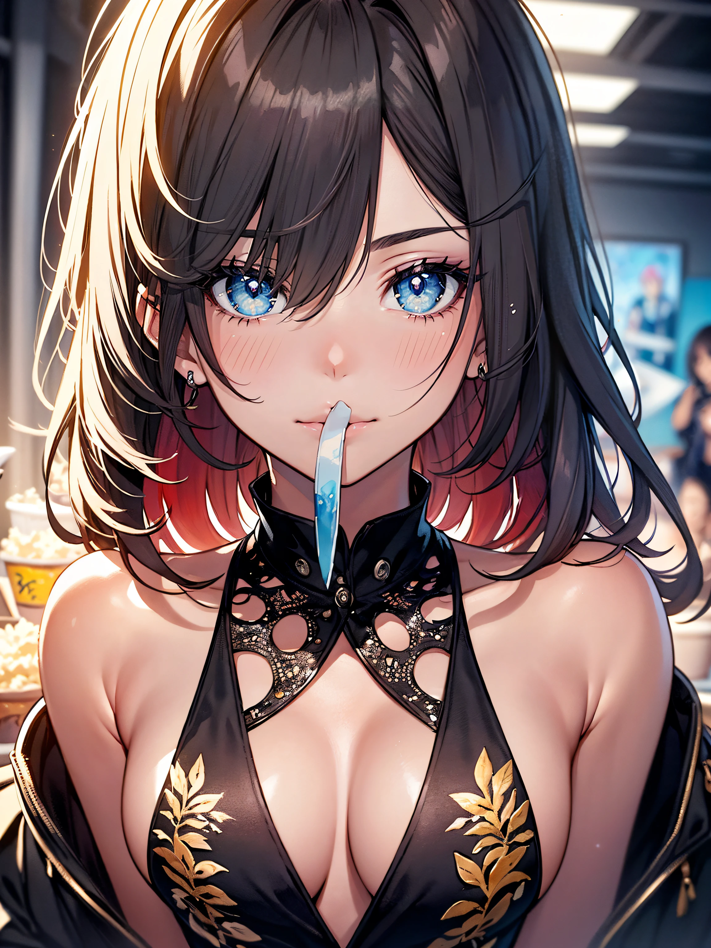 ((Fashion Show:1.3)),hiquality, hight resolution, ultra-detailliert, high-level image quality, hightquality, anime illustrated, (finely detailed beautiful eye: 1.2), Detailed eye depiction, (finely detailed eyes and detailed face:1.3), (extremely details CG, Best Shadow:1.1), Depth of field and blur, (Perfect Detail: 1.1) , digitial illustration, Enamel Art, Center, Watercolor painting, art stations, concept-art, character sheets, Lightning Wave, beautiful anime watercolors, Vibrant colors, Sharp Focus, art by:hyung tae kim, Fine detail, intricate detailes, Curvaceous body, Detailed eye depiction, Vibrant colors,Eat popcorn, Share a bite, Put it on your cheeks