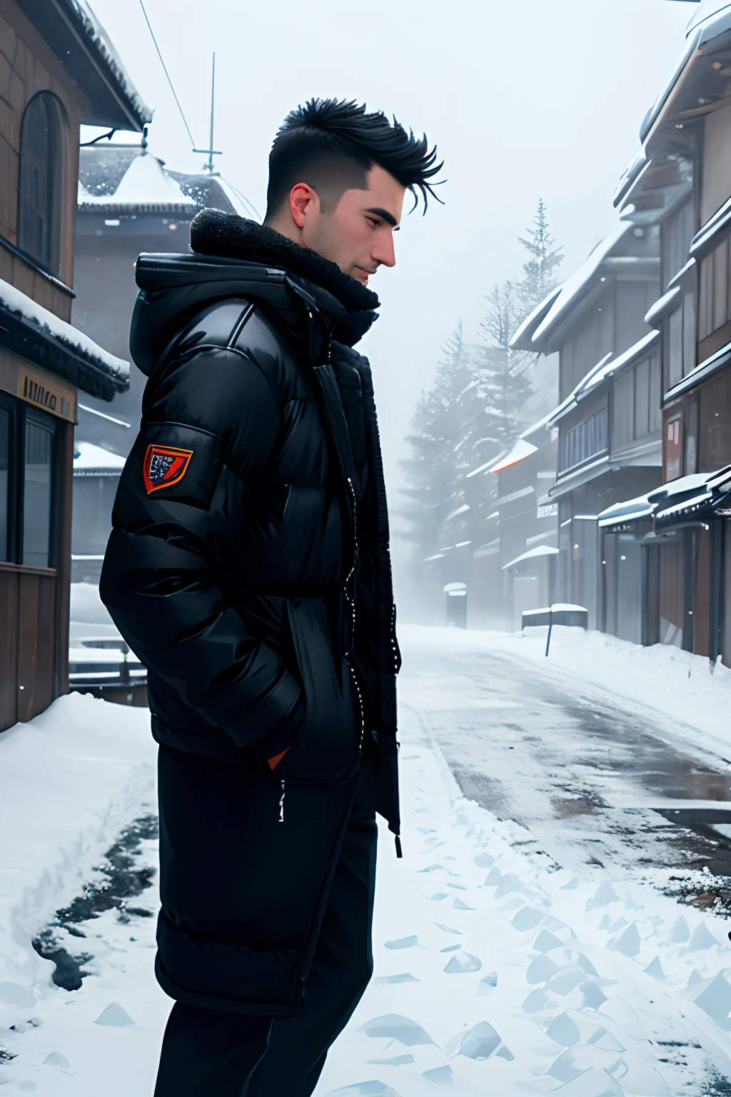 A man in a black jacket stands in the snow, model wears a puffer jacket, Man in black jacket, Greg Rutkowski Winter, vitaly bulgarov, dmitry prozorov style, andrei riabovitchevy, style of anton fadeev, anton fadeev 8 k, profile picture 1024px