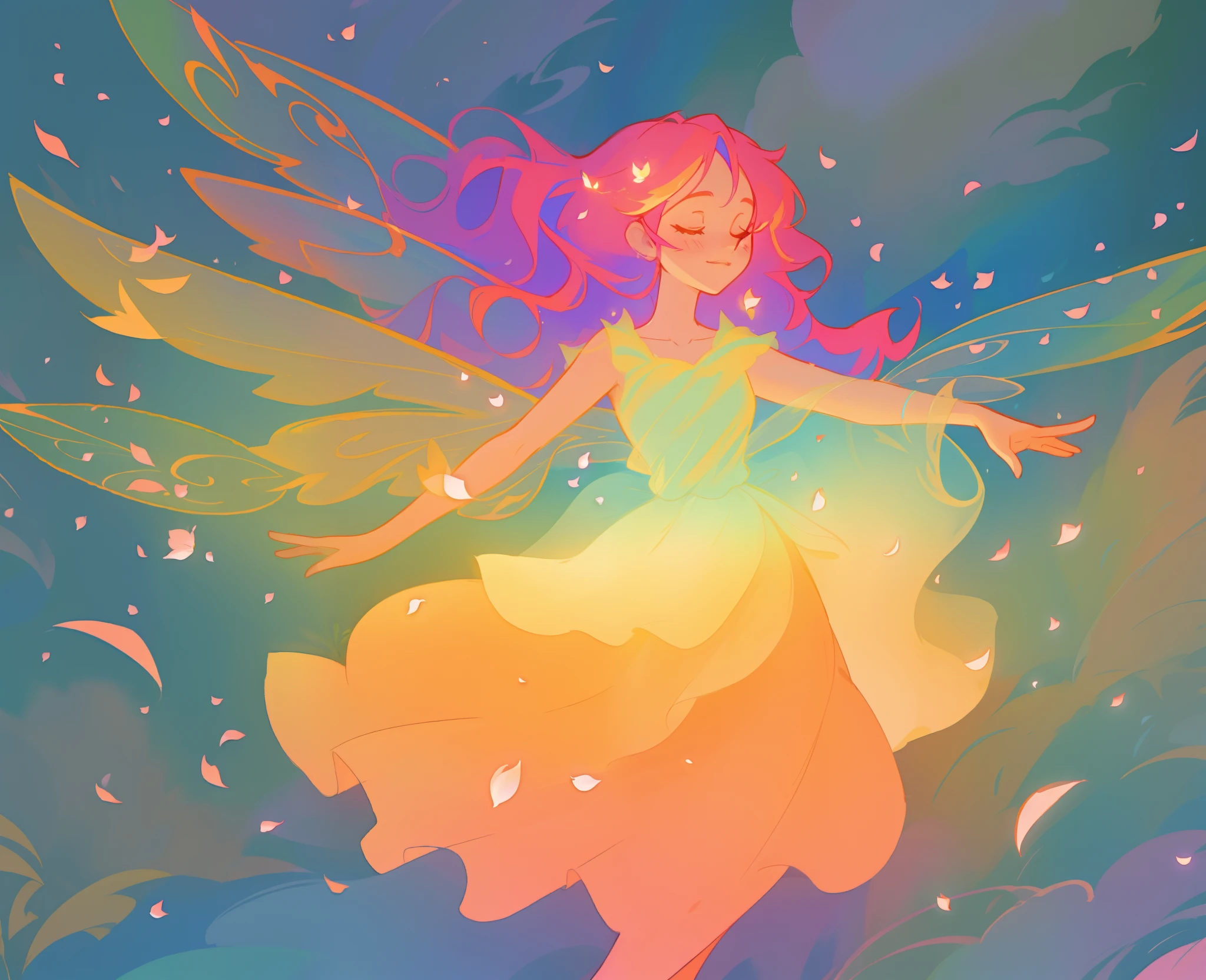 beautiful girl in tiered gradient ballgown dress, gradient warm color ballgown, ((layered flower petal skirt)), fairy dress, fairy queen, magical forest background, (glowing fairy wings), glowing flowing ballgown, long wavy hair, sparkling fairy wings, watercolor illustration, flowers and colorful plants, inspired by Glen Keane, inspired by Lois van Baarle, disney art style, by Lois van Baarle, glowing aura around her, by Glen Keane, jen bartel, glowing lights! digital painting, flowing glowing hair, glowing flowing hair, beautiful digital illustration, fantasia otherworldly landscape plants flowers, beautiful, masterpiece, best quality, anime disney style