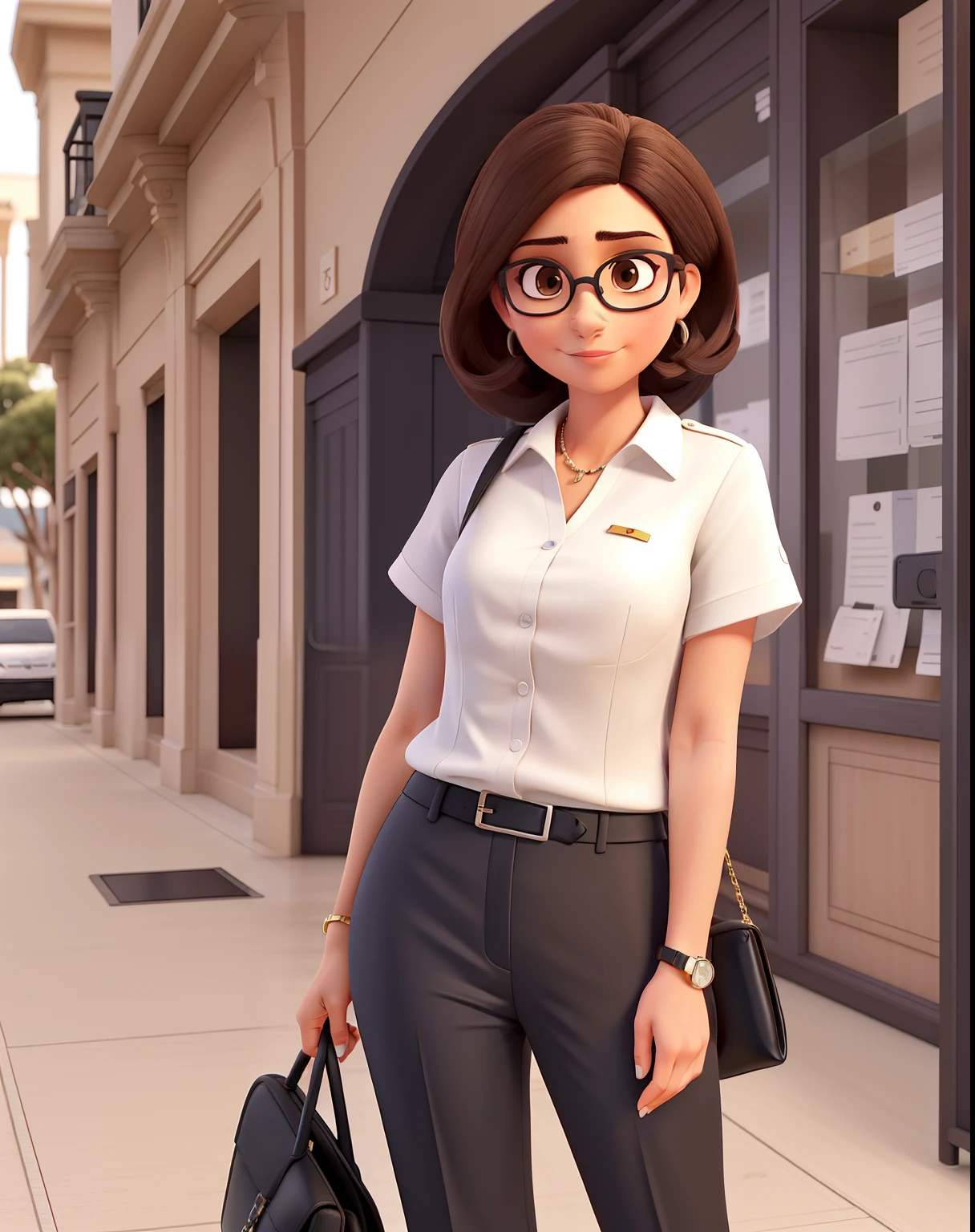 Uma mulher executiva, madura, Serious, Chic and wise, com cabelo longo e liso escuro, olhos na cor preta, olhos esbugalhados e boca grande, with black dress pants, blusa branca e brazer preto, of prescription glasses with brown frame with ounce, sneaker , In a fancy law firm.