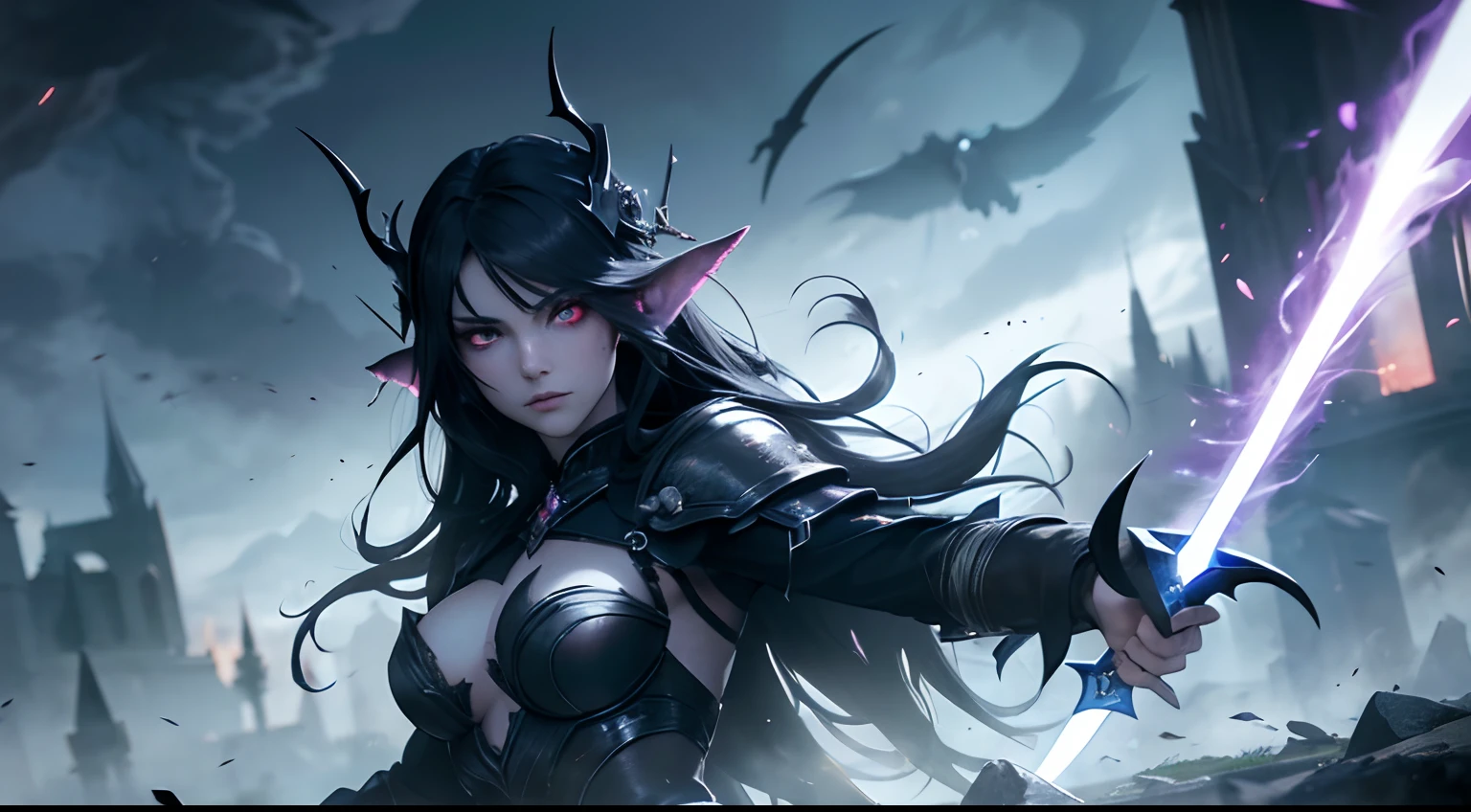 (best quality, 4k, 8k,highres,masterpiece:1.2), ultra-detailed, (realistic, photorealistic, photo-realistic:1.37), dawn of war grim shadow concept art, dark elf Lissandra, 1girl, solo, black hair, red eyes, mysterious atmosphere, sinister expression, flowing robe, intricate armor, glowing blue crystals, hauntingly beautiful, ethereal background, haunting shadows, dramatic lighting, intense stare, magical aura, intense battle scars, a sword dripping with darkness, eerie mist, abandoned ruins, spellcasting, midnight mist, ancient runes, captivating gaze, spellbinding beauty, otherworldly powers, chilling presence, mythical creature, aura of power, powerful artifacts, dark enchantments, captivating silhouette, supernatural abilities, hauntingly pale skin, intimidating presence, enchanting darkness, secretive demeanor, captivating storyline, epic battle, intense struggle, surreal landscape, mystical crystals, mystic symbols, ancient power, impending doom, haunting beauty