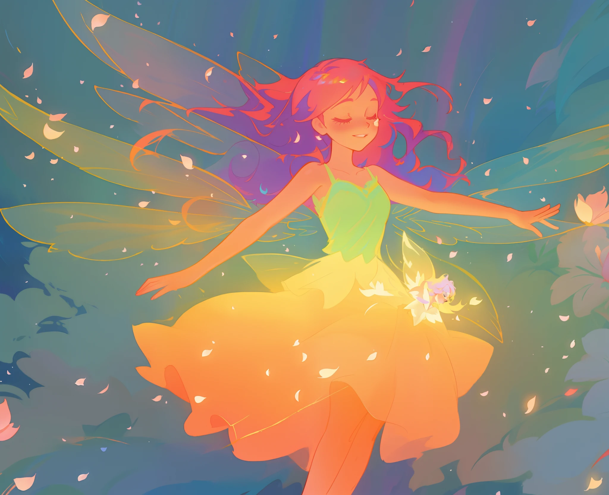 beautiful girl in tiered gradient ballgown dress, gradient warm color ballgown, ((layered flower petal skirt)), fairy dress, fairy queen, magical forest background, (glowing fairy wings), glowing flowing ballgown, long wavy hair, sparkling fairy wings, watercolor illustration, flowers and colorful plants, inspired by Glen Keane, inspired by Lois van Baarle, disney art style, by Lois van Baarle, glowing aura around her, by Glen Keane, jen bartel, glowing lights! digital painting, flowing glowing hair, glowing flowing hair, beautiful digital illustration, fantasia otherworldly landscape plants flowers, beautiful, masterpiece, best quality, anime disney style