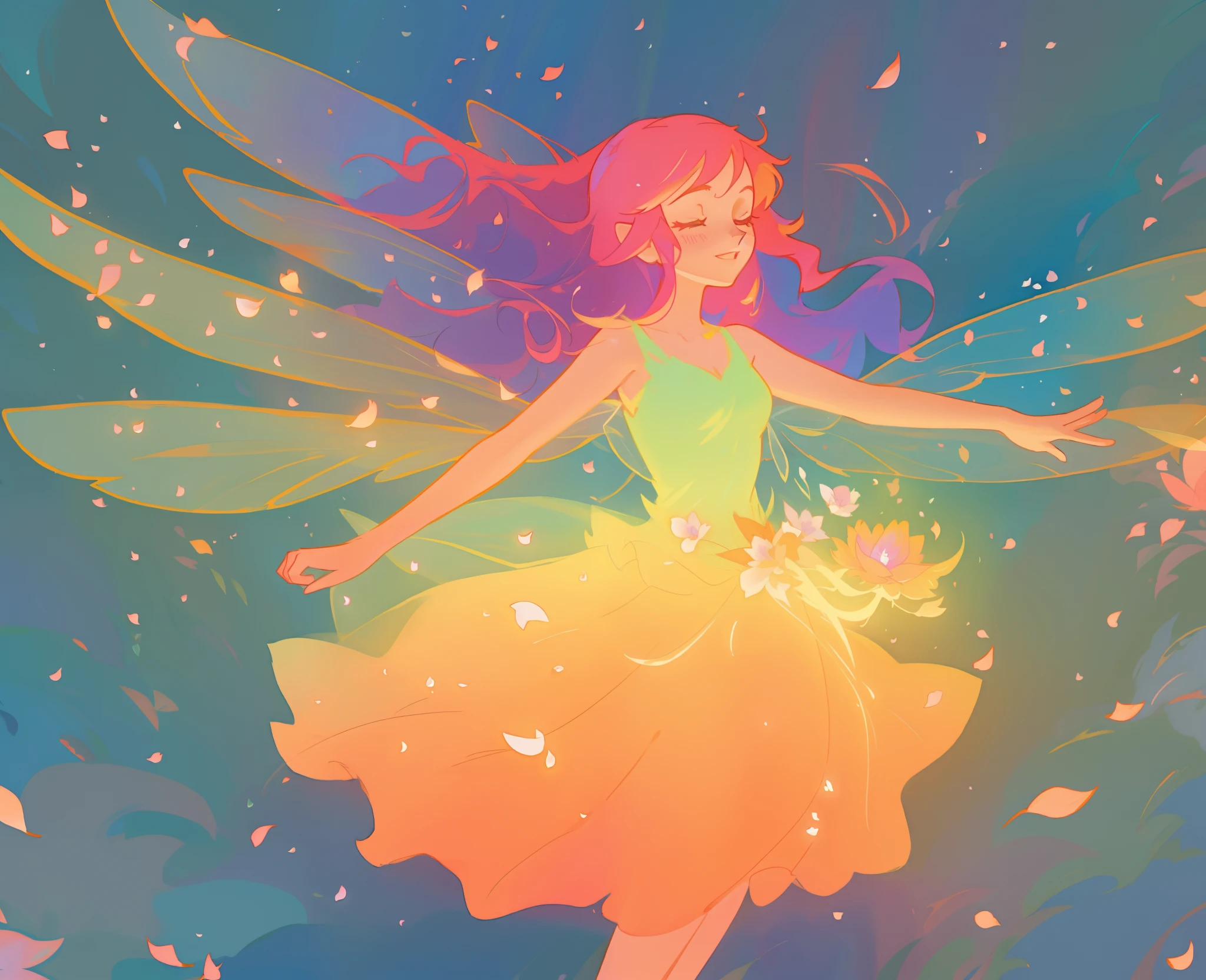 beautiful girl in tiered gradient ballgown dress, gradient warm color ballgown, ((layered flower petal skirt)), fairy dress, fairy queen, magical forest background, (glowing fairy wings), glowing flowing ballgown, long wavy hair, sparkling fairy wings, watercolor illustration, flowers and colorful plants, inspired by Glen Keane, inspired by Lois van Baarle, disney art style, by Lois van Baarle, glowing aura around her, by Glen Keane, jen bartel, glowing lights! digital painting, flowing glowing hair, glowing flowing hair, beautiful digital illustration, fantasia otherworldly landscape plants flowers, beautiful, masterpiece, best quality, anime disney style