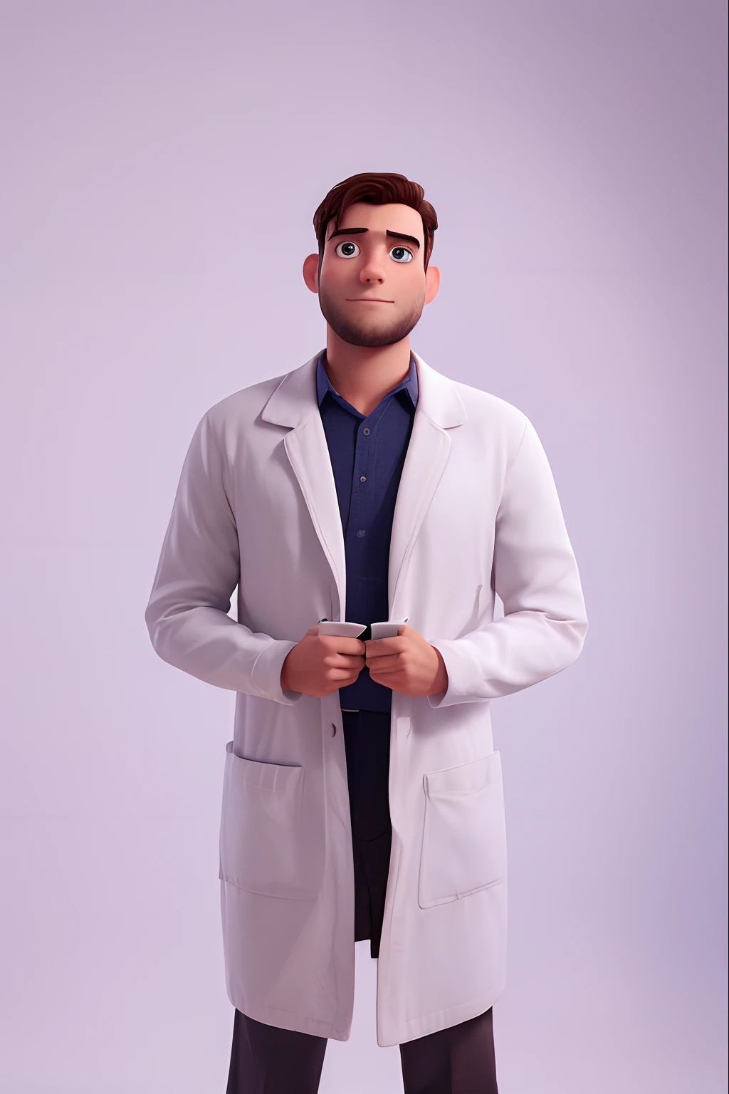Fisioterapeuta, inspirado na Disney Pixar, A man with short brown hair wearing a white coat in an office with a book on the table looking to the serious future.