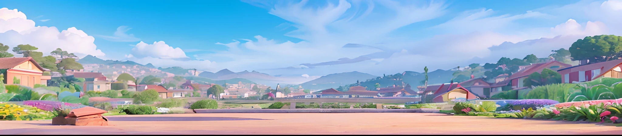 Pixar style scenery, jardin, rua de pedras, arbustos floridos, casas e uma pequena cidade ao fundo, blue skies, nuvens brancas