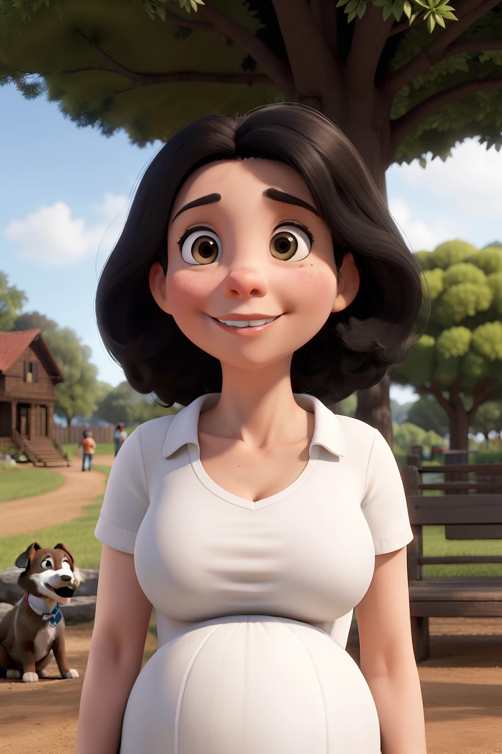 Obra-prima, de melhor qualidade, A family in the park, A pregnant black-haired white woman, um homem branco com barba, e um cachorro pequeno preto.