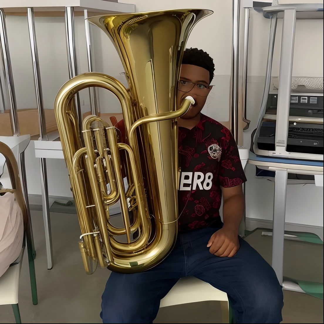 There's a man sitting on a chair with a tuba, Tuba Cavaleiro, tuba, sousafones reais, com grandes tubos dourados, sousafone, sousafones, 🌻🎹🎼, instrumentoos de sopro, um instrumentoo, brass equipment and computers, brass horns, instrumento, single horn, sao 8 k, album photo