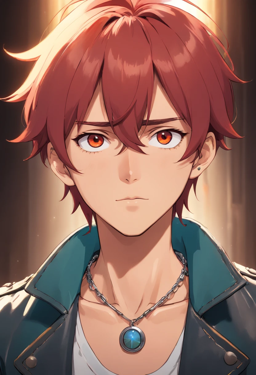 (best quality,4k,highres),Redhead man,beard,eye patch,leather jacket,silver chain,[anime style],detailed eyes,long eyelashes,vivid colors,brilliant lighting,sculpted chin,strong jawline,sharp focus,casual outfit,confident expression,red hair,piercing gaze,handsome features,tattoos on arms,intense look,strong character,stylish appearance,portrait,dark background