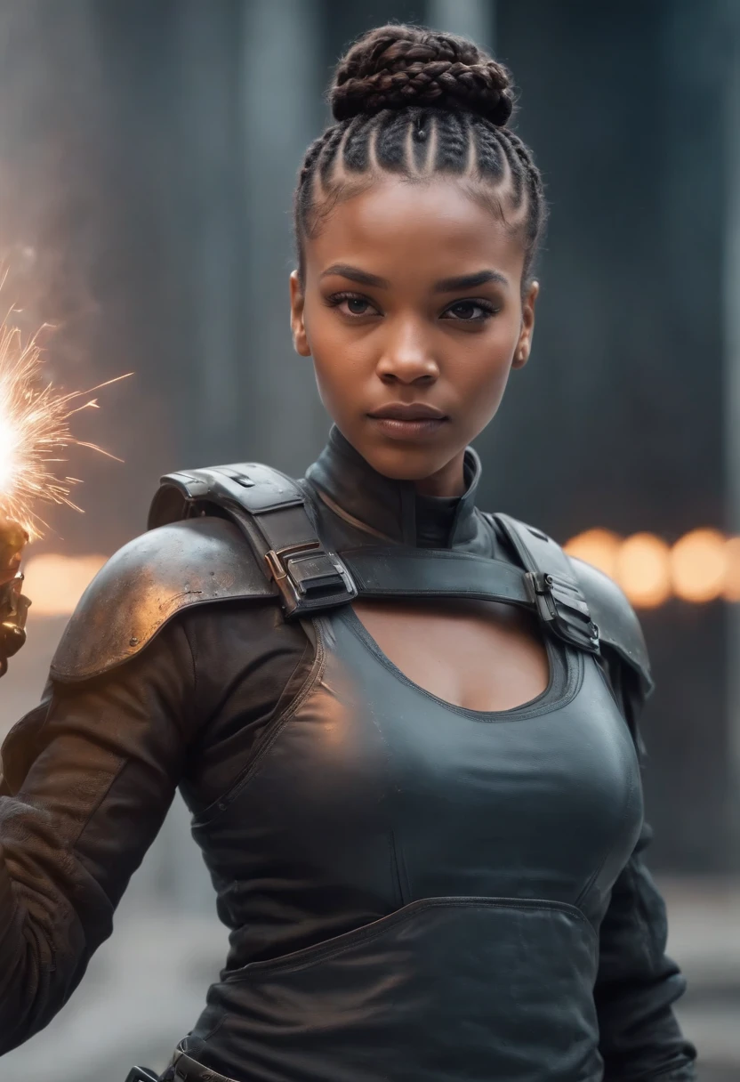 A beautiful young black female Warrior With a braided hair bun, welding a nanotech weapon on a futuristic Battlefield intricate details Masterpiece quality Dynamic lighting hyper realistic digital art.