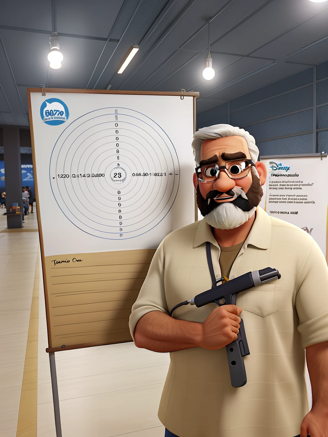Poster no estilo Disney pixar, alta qualidade, melhor qualidade, homem sexy branco, 60 anos cabelo grisalho barba preta, musculoso, com fundo em um clube de tiro
