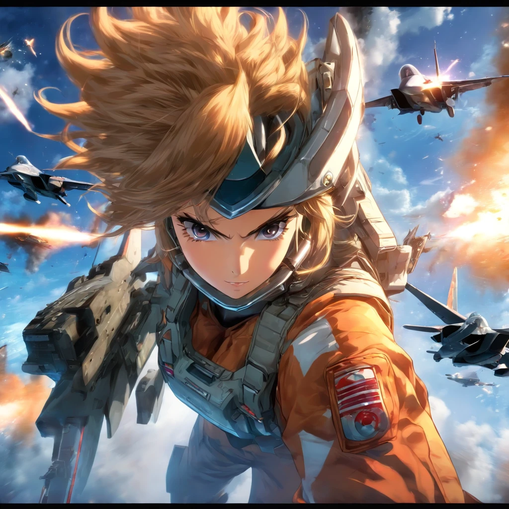 Realistic,Vestido Educado,(Fighter Plane Action and War Movie Poster),(Film Reference Foundation: 1.8),Realistic,General Uniform of the Air Force,(Realistic face resolution),Cinematic poses,adulto,magro,pequeno,Cabelo Longo Mulher Loira Escura 1 Pessoa,serious face,science fiction,scientific fiction,Diferentes personagens coadjuvantes