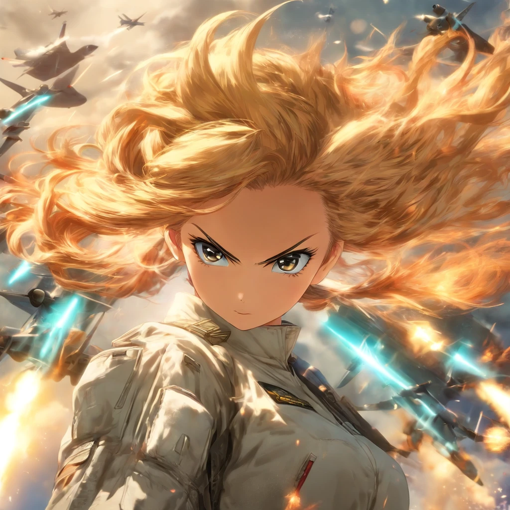 Realistic,Vestido Educado,(Fighter Plane Action and War Movie Poster),(Film Reference Foundation: 1.8),Realistic,General Uniform of the Air Force,(Realistic face resolution),Cinematic poses,adulto,magro,pequeno,Cabelo Longo Mulher Loira Escura 1 Pessoa,serious face,science fiction,scientific fiction,Diferentes personagens coadjuvantes