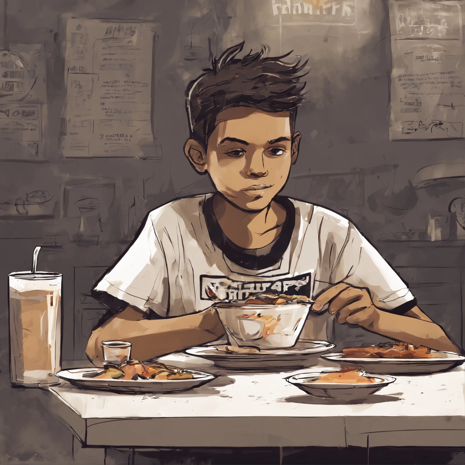 A 12-year-old boy with a Corinthians shirt having lunch