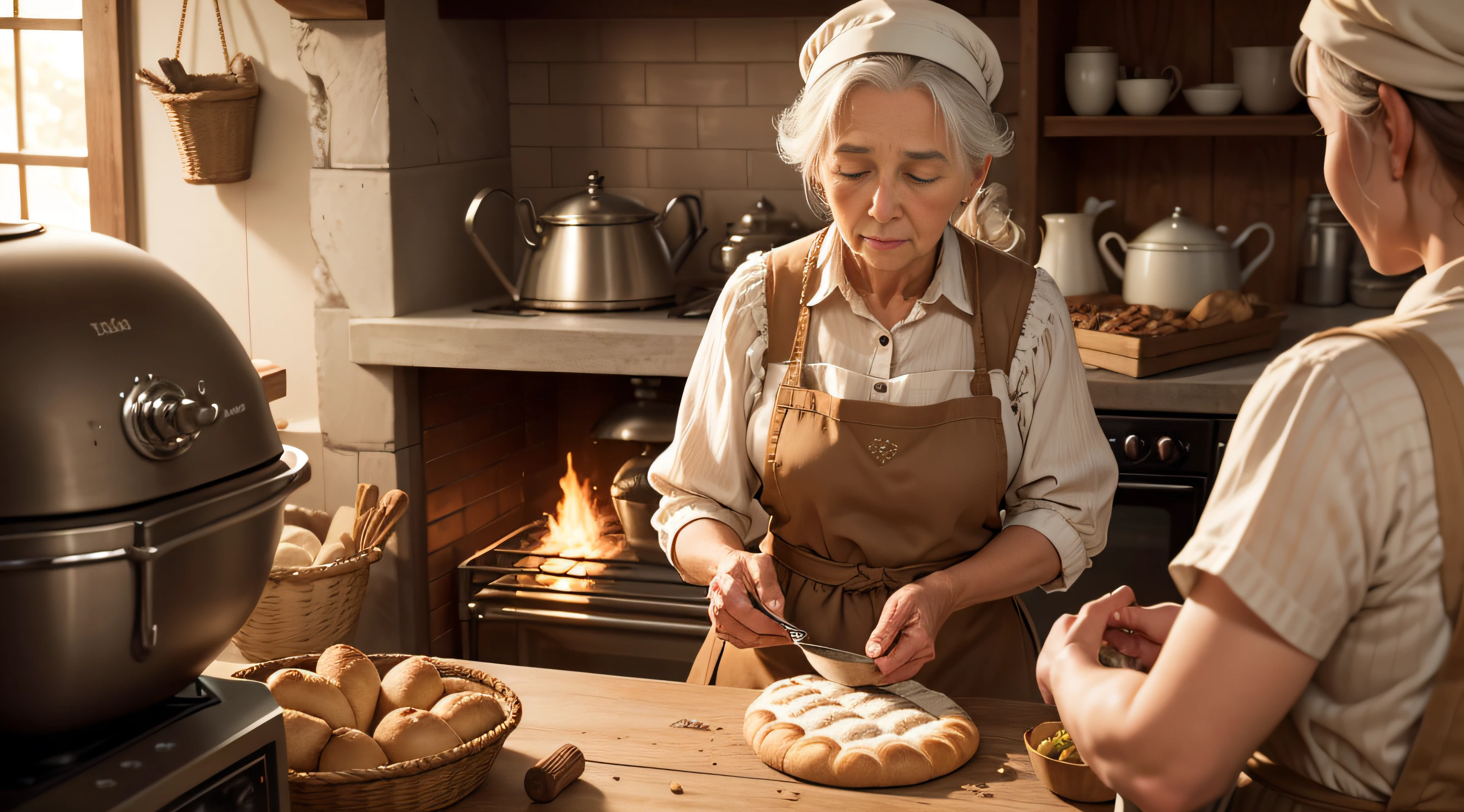 «»A photorealistic image of an elderly woman, dressed in humble attire, preparing bread in an old-fashioned oven. The scene should capture the sense of humility and love as the grandmother carefully tends to the bread-making process. The lighting should emphasize the warmth and coziness of the kitchen, with soft illumination on the woman's face and hands. The high resolution of the image should capture the intricate details of the old oven, the woman's weathered hands, and the textures of the bread dough. The art style should prioritize realism to convey the genuine emotions of the moment. The camera shot can be a close-up, focusing on the woman's hands as she kneads the dough or places it in the oven. The use of warm and inviting colors should evoke the atmosphere of a cherished family tradition.»»