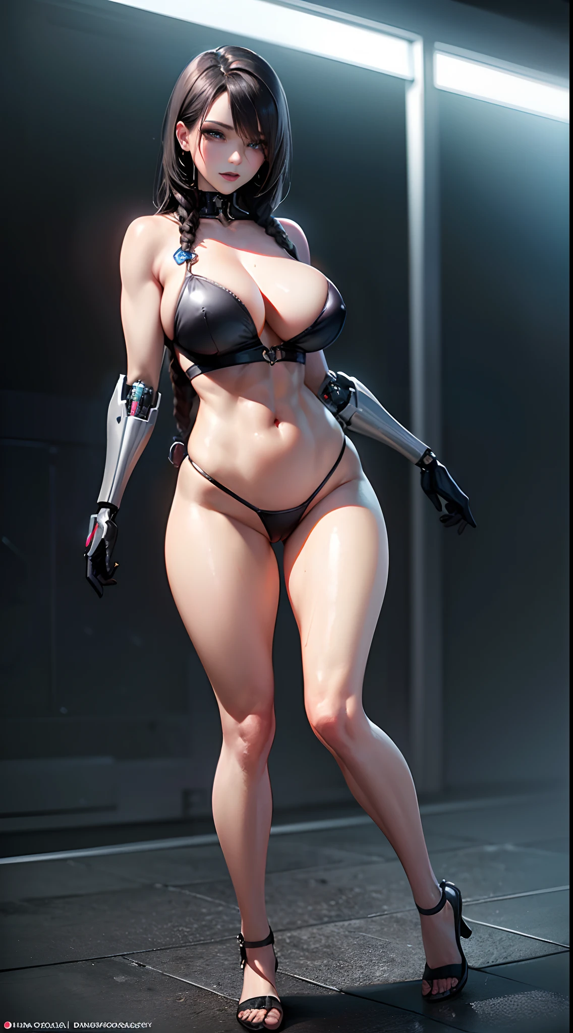 (Hyperrealistic: 1.3), athletic European goth woman, white woman, full body, (biochemanical:1.3), wet exposed skin, exposed abs, masterpiece, (dark: 1.3), darkness, low light, night, cinematic lighting, fil noir, highest quality, sexy woman, (high tech cyborg:1.2), (enormous perky detailed breasts), feminine, symmetrical, highly detailed, gigapixel, fit, (sharp body), detailed body, on focus, gorgeous face, (black eye makeup), (black lipstick), (black hair in dreadlocks), (Simon Bisley), (2000 a.d.), (ABC warriors), (Joe pineapples), ridged, grim, grim-dark, absolute cleavage, showing a delicate slim figure and graceful curves, (beautiful slim long legs:1.3), (detailed eyes, beautiful eyes:1.2),