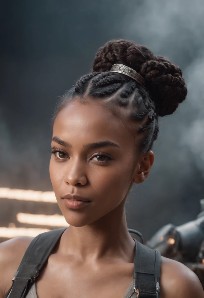 A beautiful young black female Warrior With a braided hair bun, welding a nanotech weapon on a futuristic Battlefield intricate details Masterpiece quality Dynamic lighting hyper realistic digital art. ar16:9.