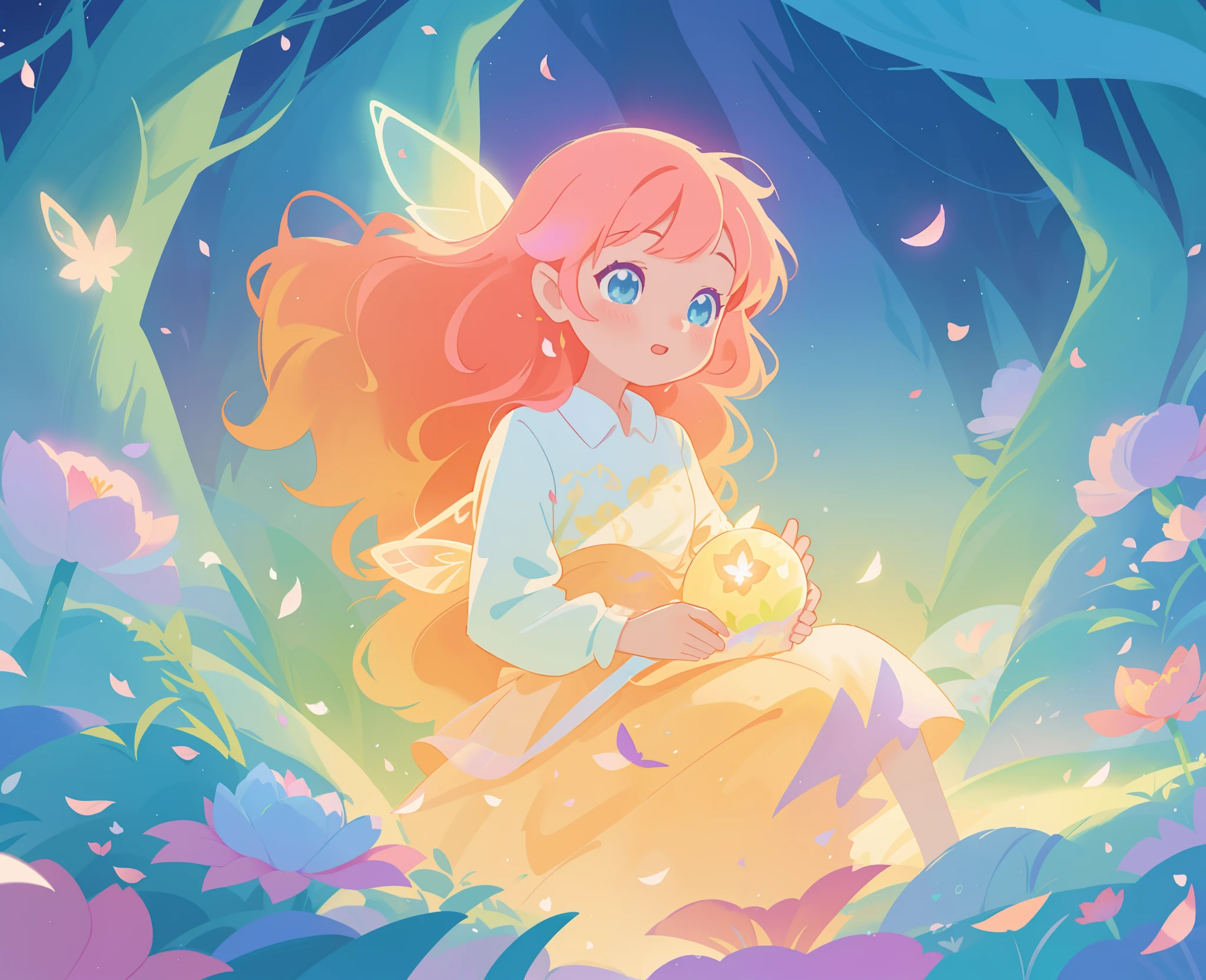 beautiful girl in tiered gradient ballgown dress, gradient warm color ballgown, ((layered flower petal skirt)), fairy dress, fairy queen, magical forest background, (glowing fairy wings), glowing flowing ballgown, long wavy hair, sparkling fairy wings, watercolor illustration, flowers and colorful plants, inspired by Glen Keane, inspired by Lois van Baarle, disney art style, by Lois van Baarle, glowing aura around her, by Glen Keane, jen bartel, glowing lights! digital painting, flowing glowing hair, glowing flowing hair, beautiful digital illustration, fantasia otherworldly landscape plants flowers, beautiful, masterpiece, best quality, anime disney style