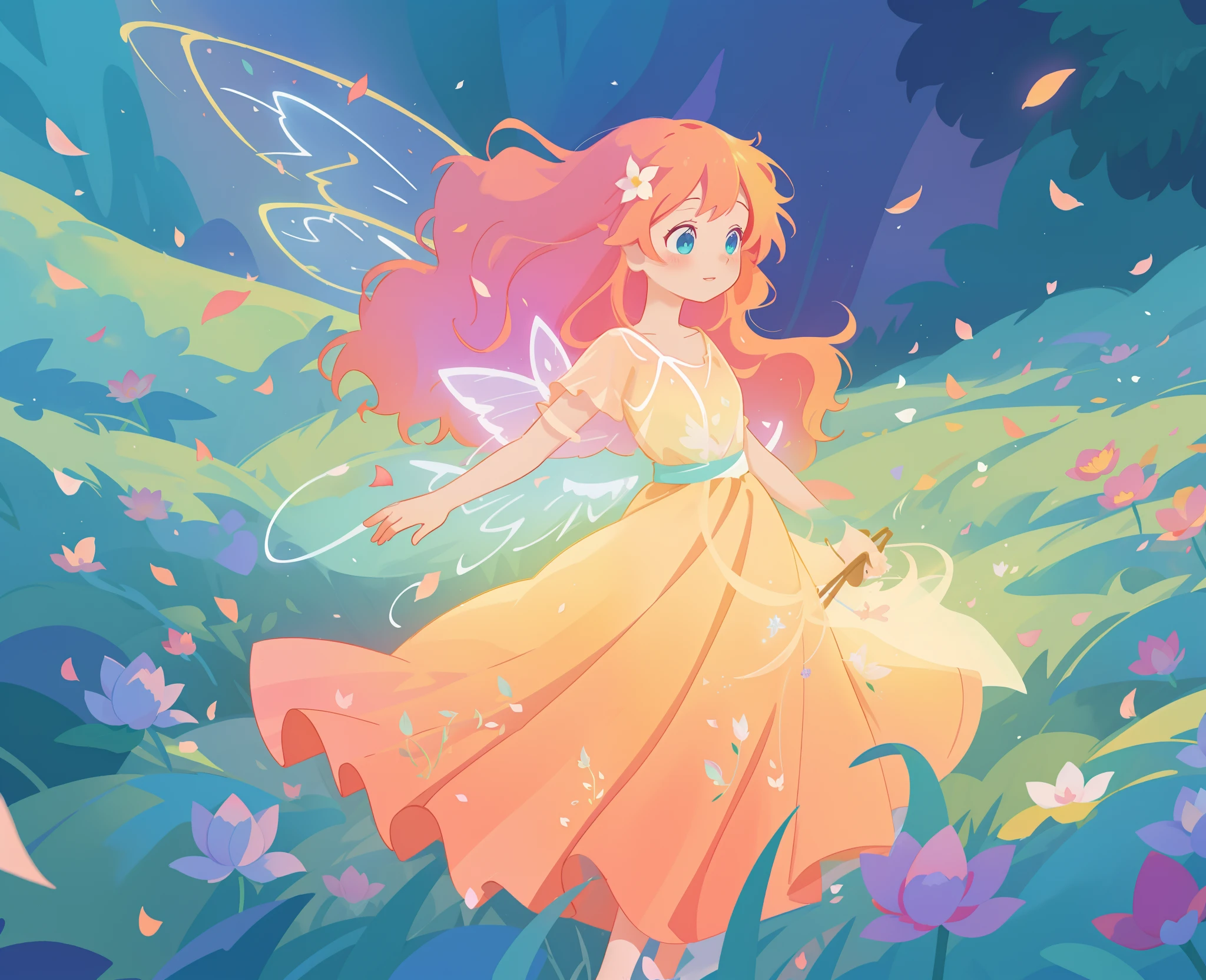 beautiful girl in tiered gradient ballgown dress, gradient warm color ballgown, ((layered flower petal skirt)), fairy dress, fairy queen, magical forest background, (glowing fairy wings), glowing flowing ballgown, long wavy hair, sparkling fairy wings, watercolor illustration, flowers and colorful plants, inspired by Glen Keane, inspired by Lois van Baarle, disney art style, by Lois van Baarle, glowing aura around her, by Glen Keane, jen bartel, glowing lights! digital painting, flowing glowing hair, glowing flowing hair, beautiful digital illustration, fantasia otherworldly landscape plants flowers, beautiful, masterpiece, best quality, anime disney style