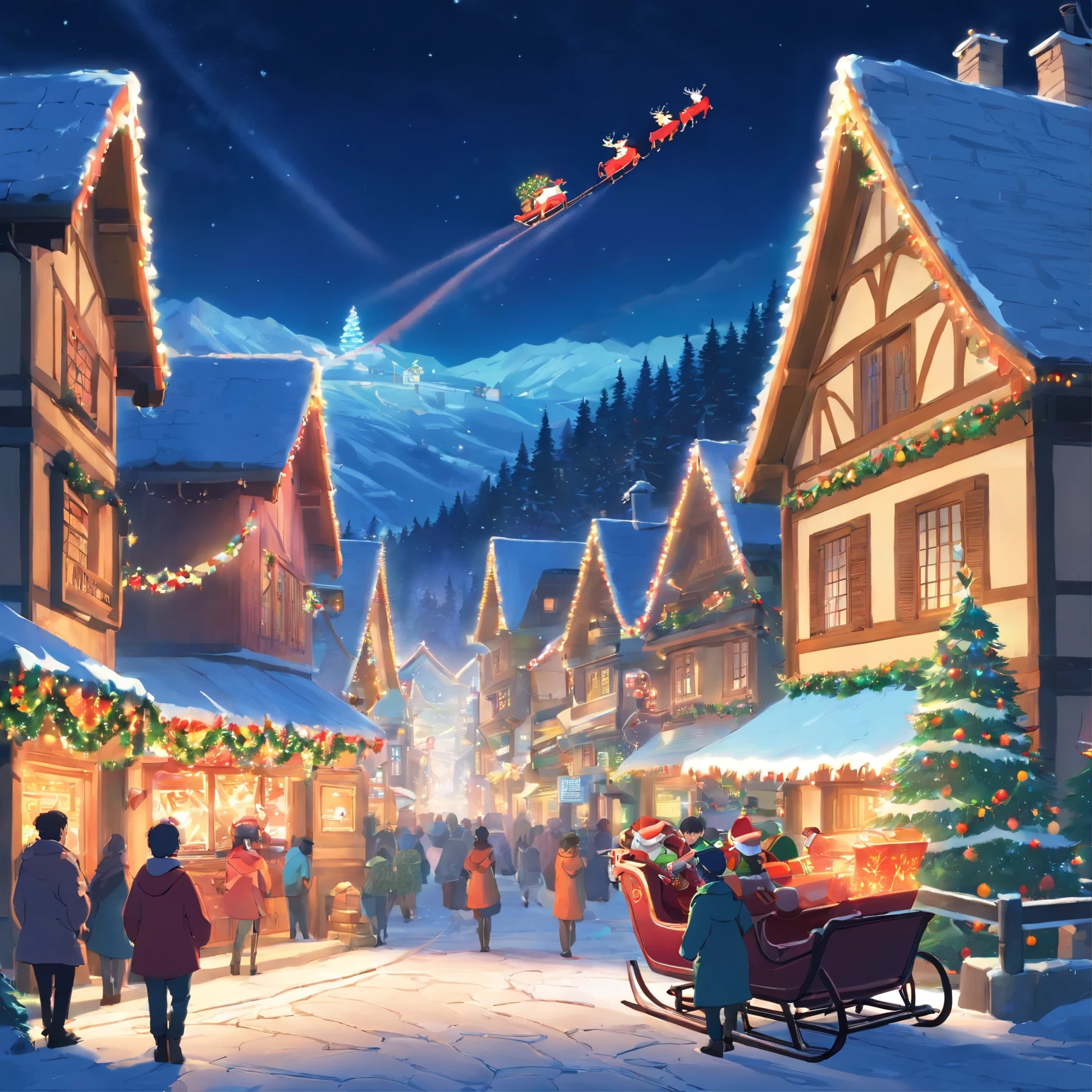 Christmas village with Santa Claus and his sleigh flying over the village, Noite de Natal, Noite de Natal de inverno nevada, Oficina do Papai Noel, arte tradicional, Very high resolution
