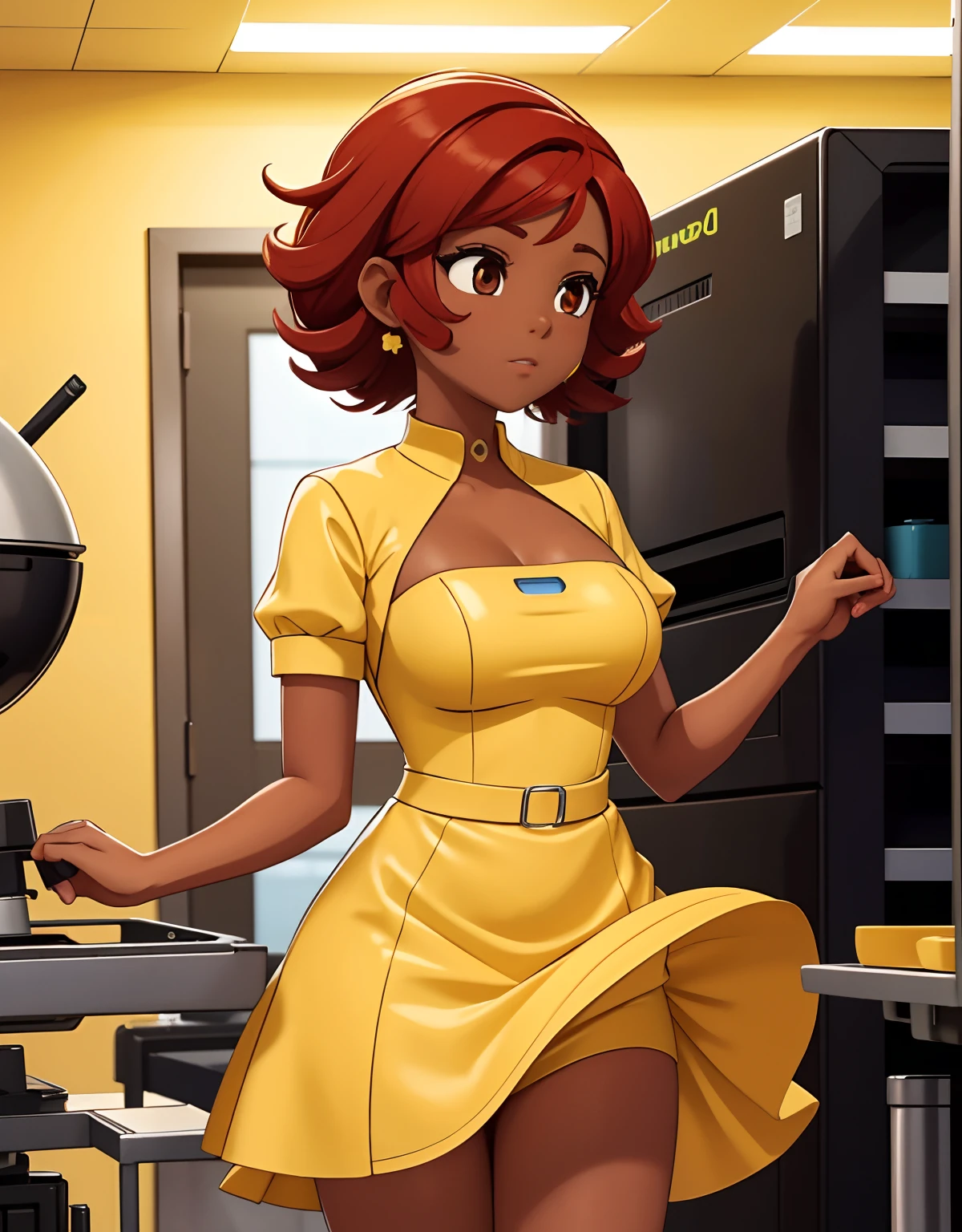 Mass-produced Android housewife assembly line, dark skin, red hair, brown eyes, yellow dress