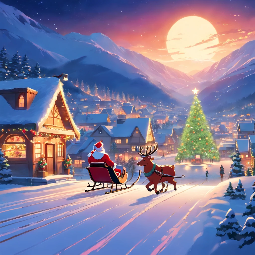 Christmas village with Santa Claus and his sleigh flying over the village, Noite de Natal, Noite de Natal de inverno nevada, Oficina do Papai Noel, arte tradicional, Very high resolution