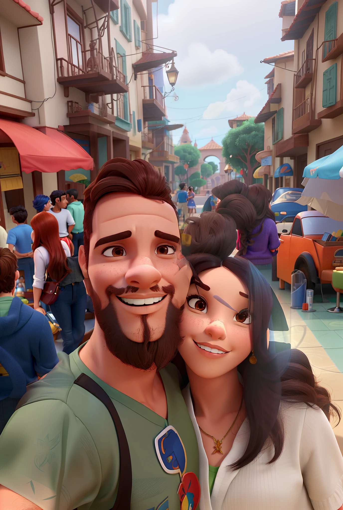 Casal (homem moreno e mulher morena) no estilo Disney Pixar, alta qualidade, melhor qualidade.