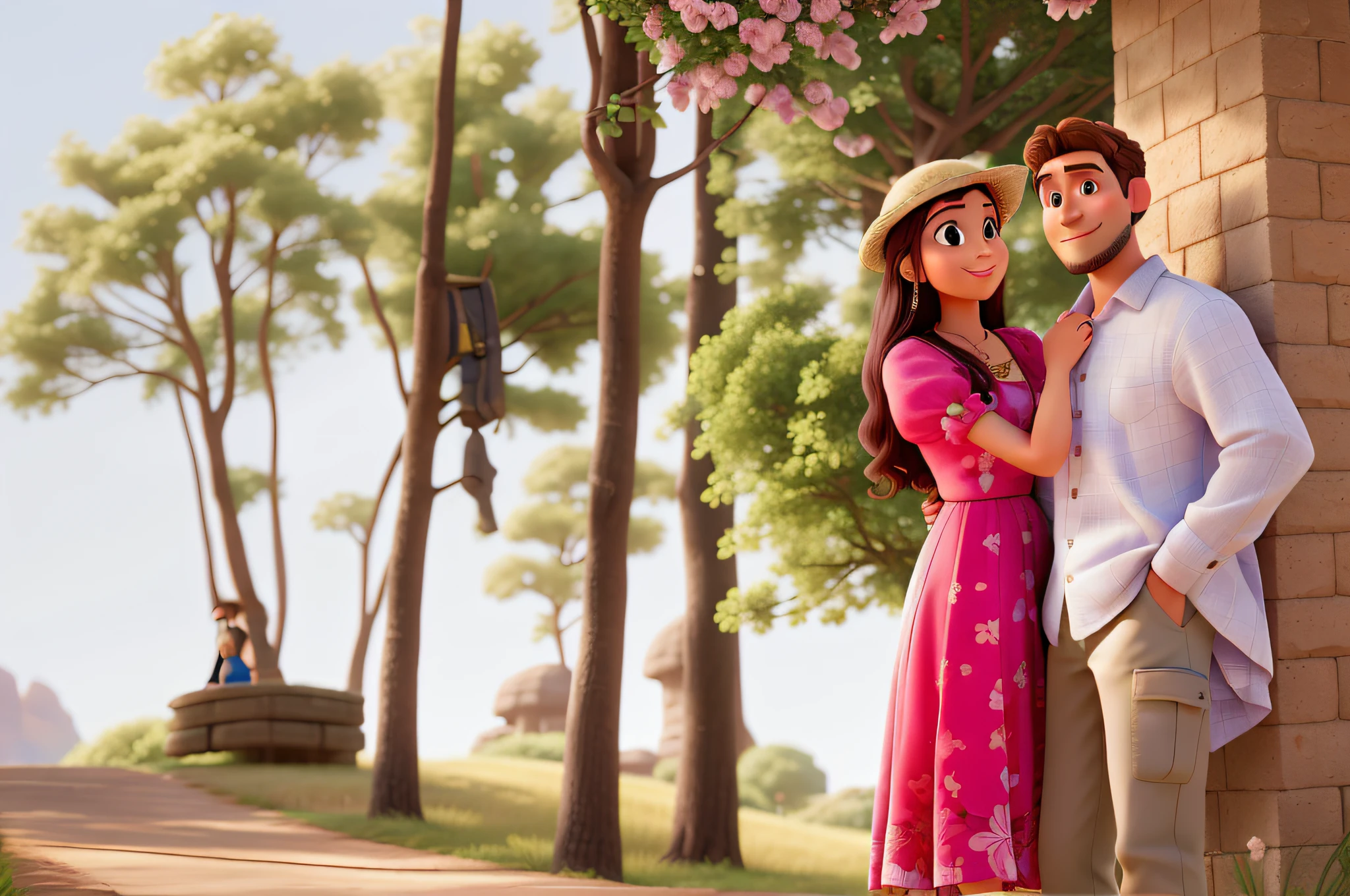 A Disney Pixar movie poster depicting a special and intimate moment between a couple of young people in love. Na cena, um homem de cabelos claros, olhos castanhos, barba, White dress shirt and beige pants and a woman, de cabelos claros, olhos castanhos, pele clara, Pink dress and wearing a hat. The man is positioned next to the woman, ambos sorrindo e olhando para cima. Woman stands with a lovely hat. The landscape around them is a natural scene, full of trees and flowers, that frame the couple and add a romantic touch to the scene. A cena se desenrola em um caminho de pedra, And the couple is on the right of that path, com o homem voltado para a direita e a mulher para a esquerda. The image should capture all the magic and excitement of this unique moment in the couple's life, tudo isso no estilo Disney Pixar.