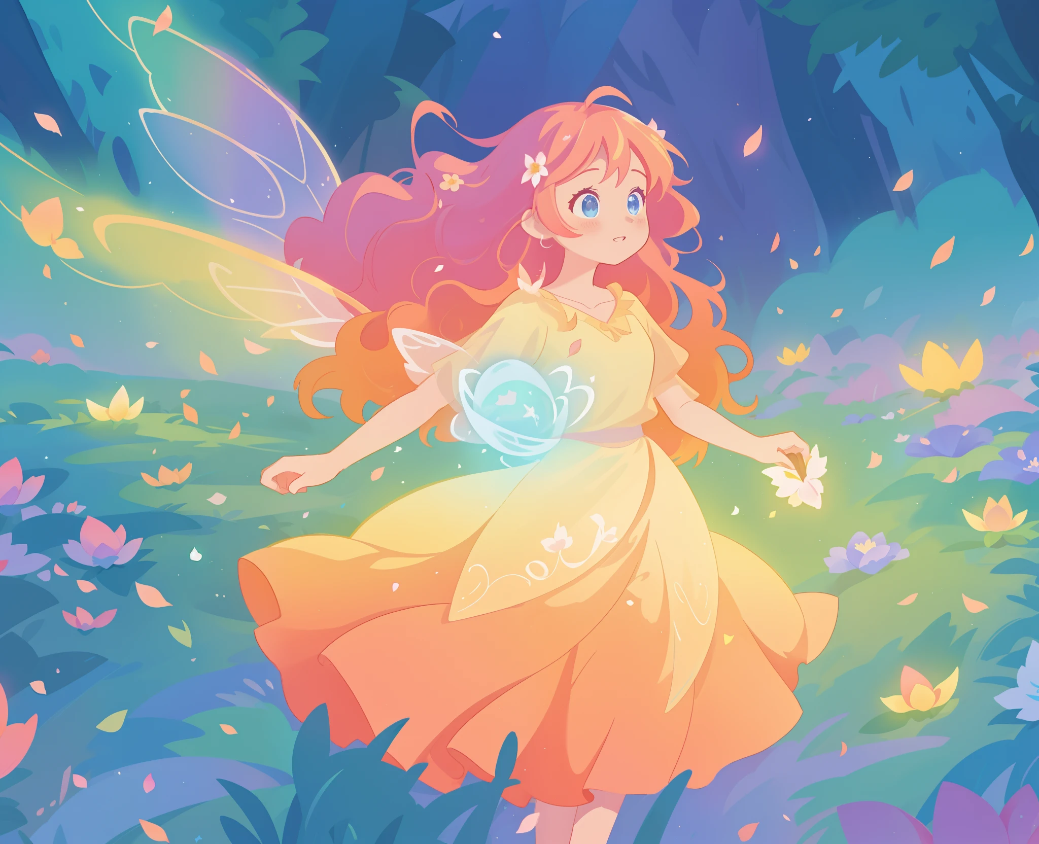 beautiful girl in tiered gradient ballgown dress, gradient warm color ballgown, ((layered flower petal skirt)), fairy dress, fairy queen, magical forest background, (glowing fairy wings), glowing flowing ballgown, long wavy hair, sparkling fairy wings, watercolor illustration, flowers and colorful plants, inspired by Glen Keane, inspired by Lois van Baarle, disney art style, by Lois van Baarle, glowing aura around her, by Glen Keane, jen bartel, glowing lights! digital painting, flowing glowing hair, glowing flowing hair, beautiful digital illustration, fantasia otherworldly landscape plants flowers, beautiful, masterpiece, best quality, anime disney style